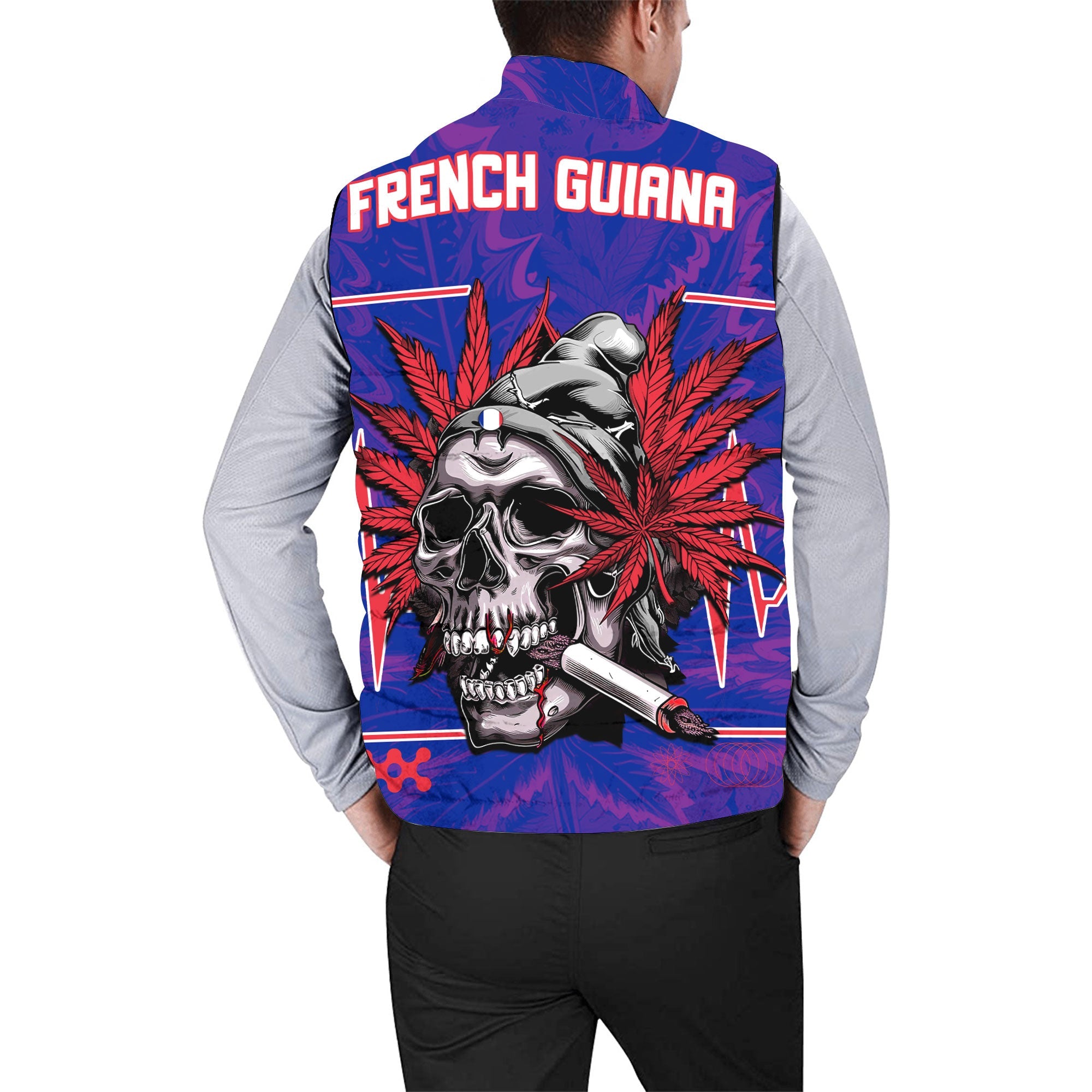 French Guiana Men Padded Jacket Vest Flag & Coat Of Arms Marijuanas Style