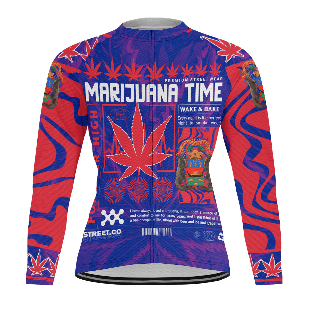 French Guiana Men's Cycling Jersey Long Sleeve Flag & Coat Of Arms Marijuanas Style