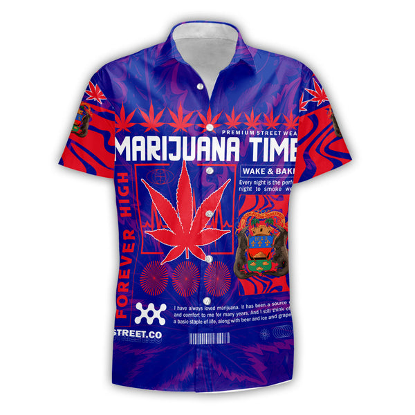 French Guiana Short Sleeve Shirt Flag & Coat Of Arms Marijuanas Style