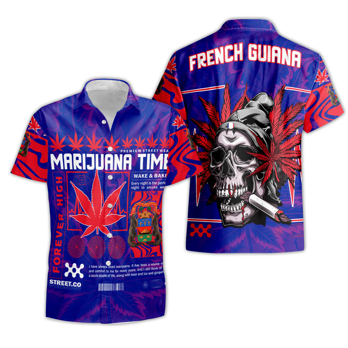 French Guiana Short Sleeve Shirt Flag & Coat Of Arms Marijuanas Style