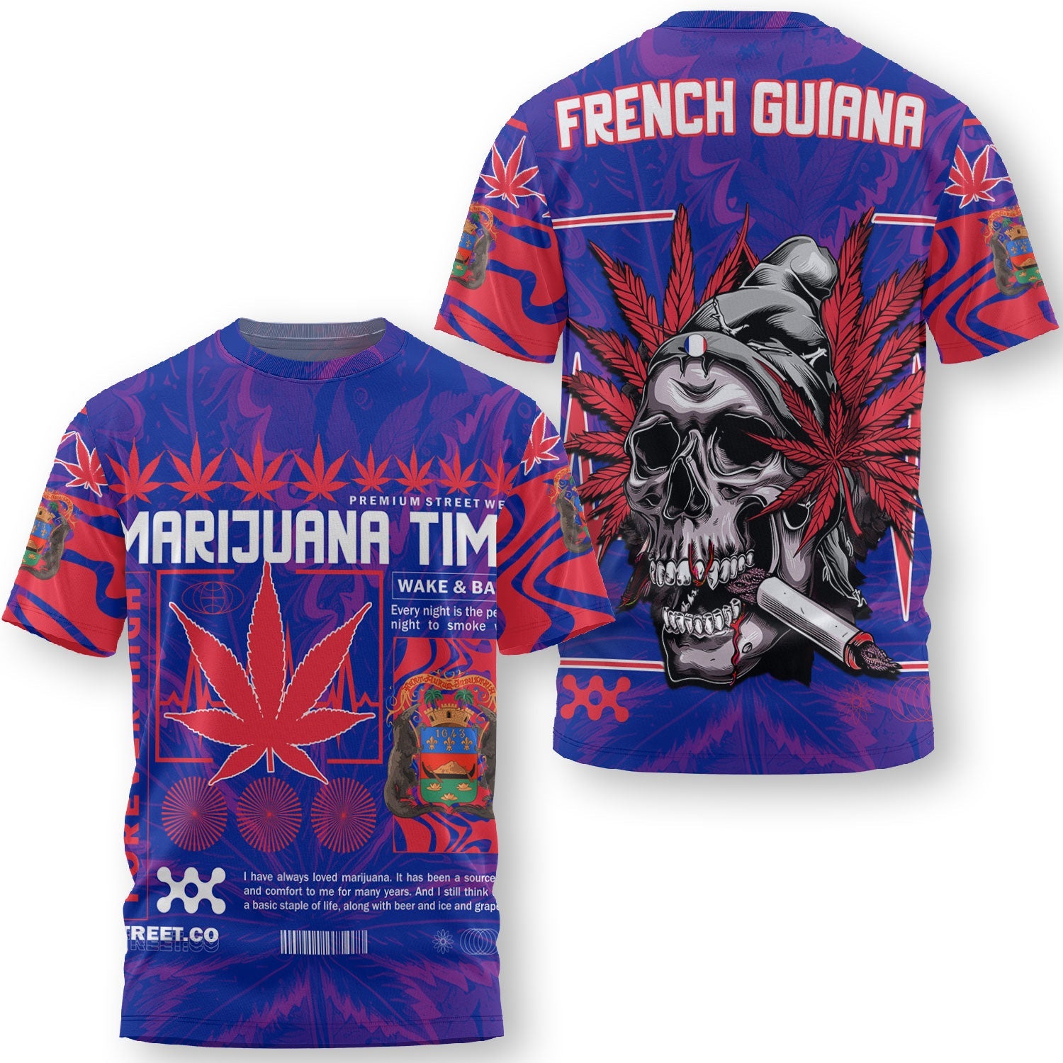 French Guiana T Shirt Flag & Coat Of Arms Marijuanas Style