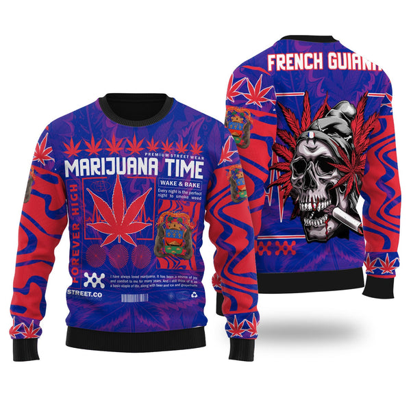 French Guiana Ugly Sweater Flag & Coat Of Arms Marijuanas Style