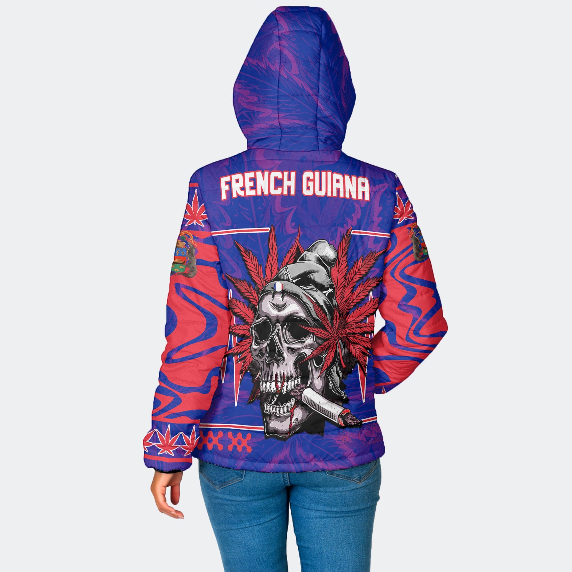 French Guiana Women Hooded Padded Jacket Flag & Coat Of Arms Marijuanas Style