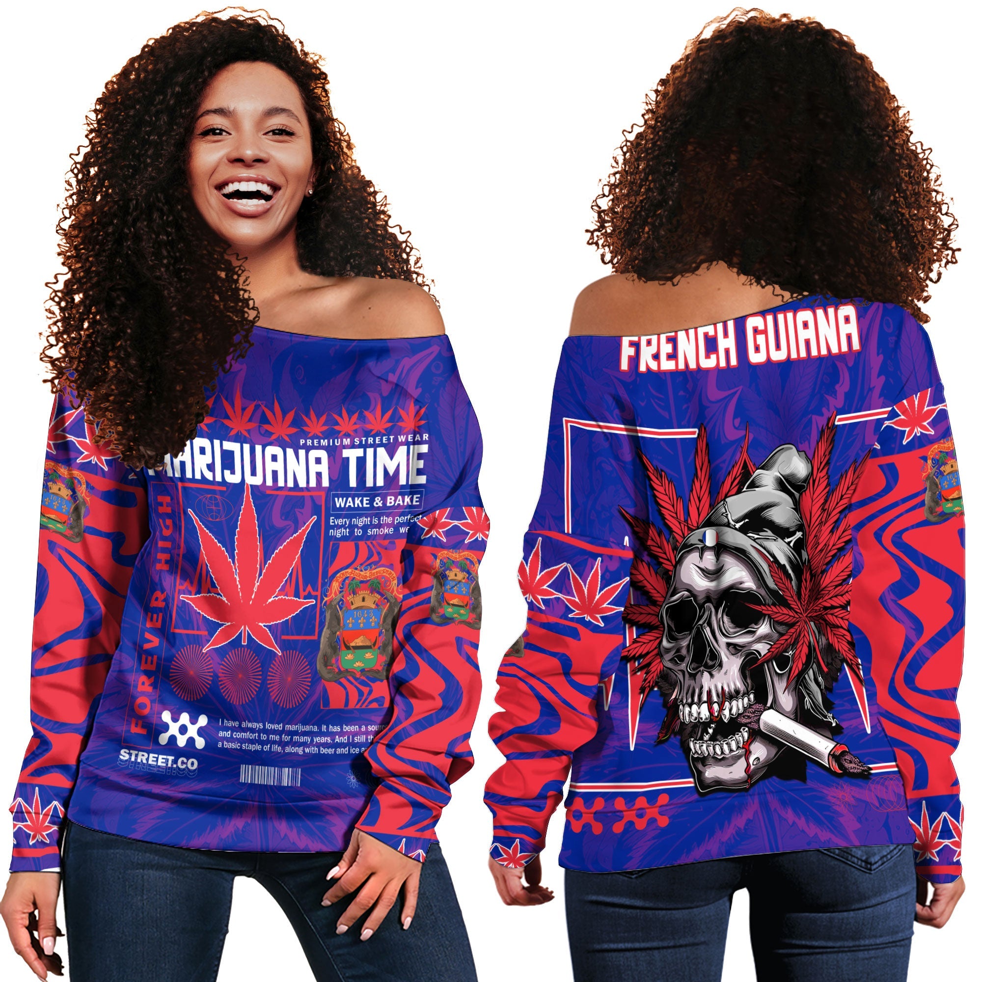 French Guiana Women Off Shoulder Sweatshirt Flag & Coat Of Arms Marijuanas Style