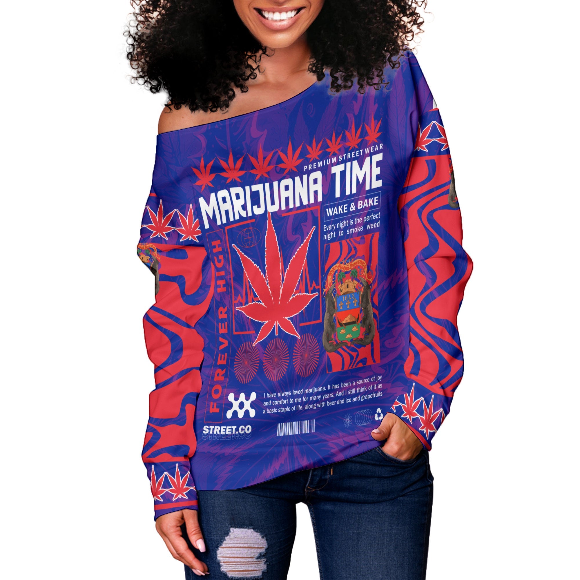 French Guiana Women Off Shoulder Sweatshirt Flag & Coat Of Arms Marijuanas Style