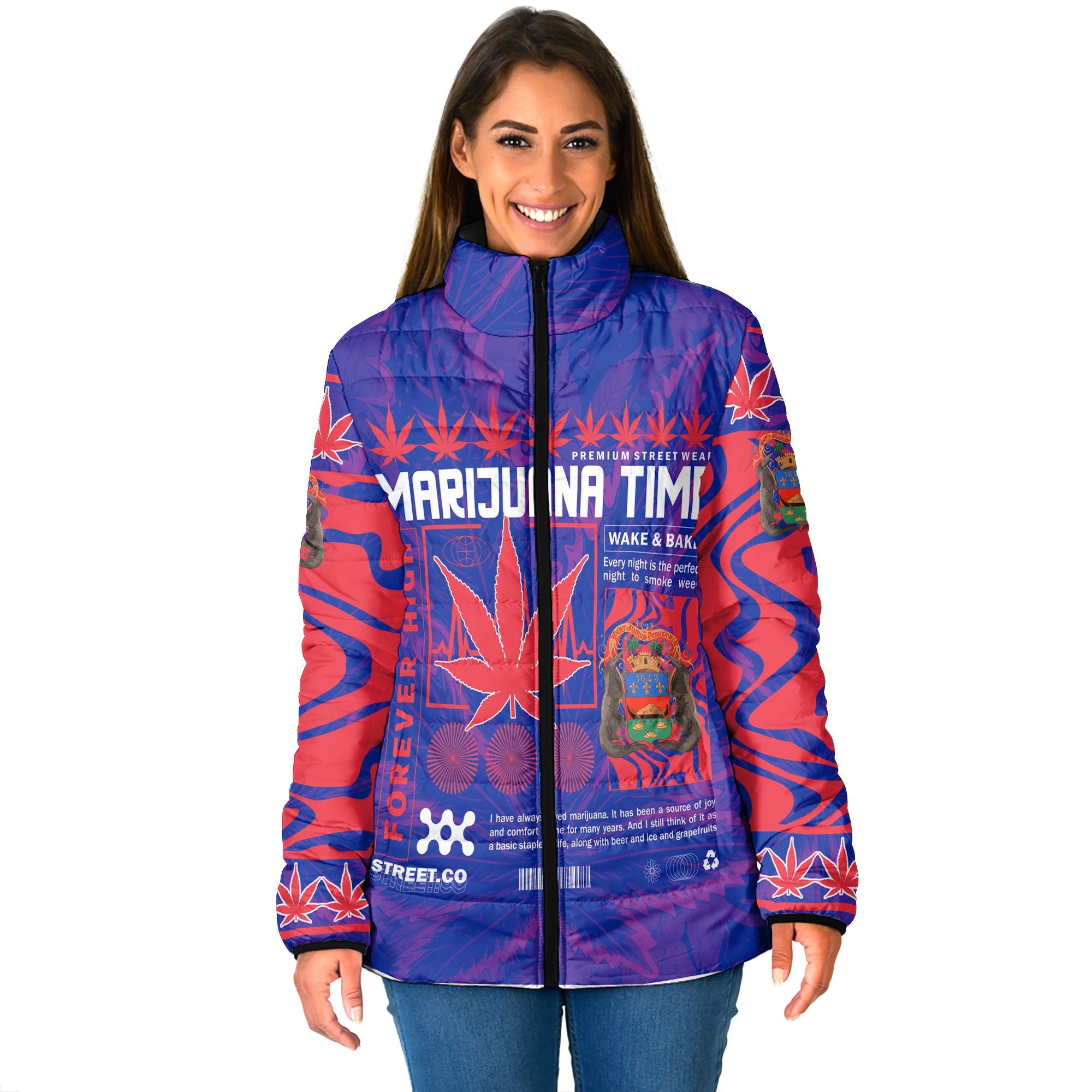 French Guiana Women Padded Jacket Flag & Coat Of Arms Marijuanas Style