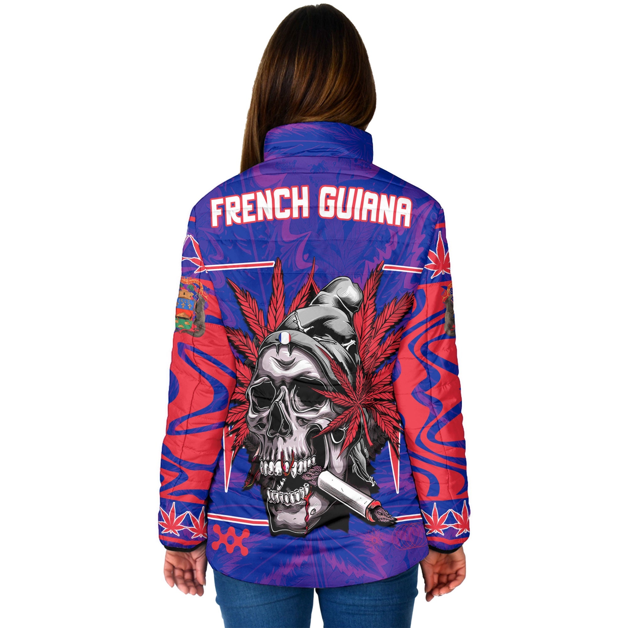 French Guiana Women Padded Jacket Flag & Coat Of Arms Marijuanas Style