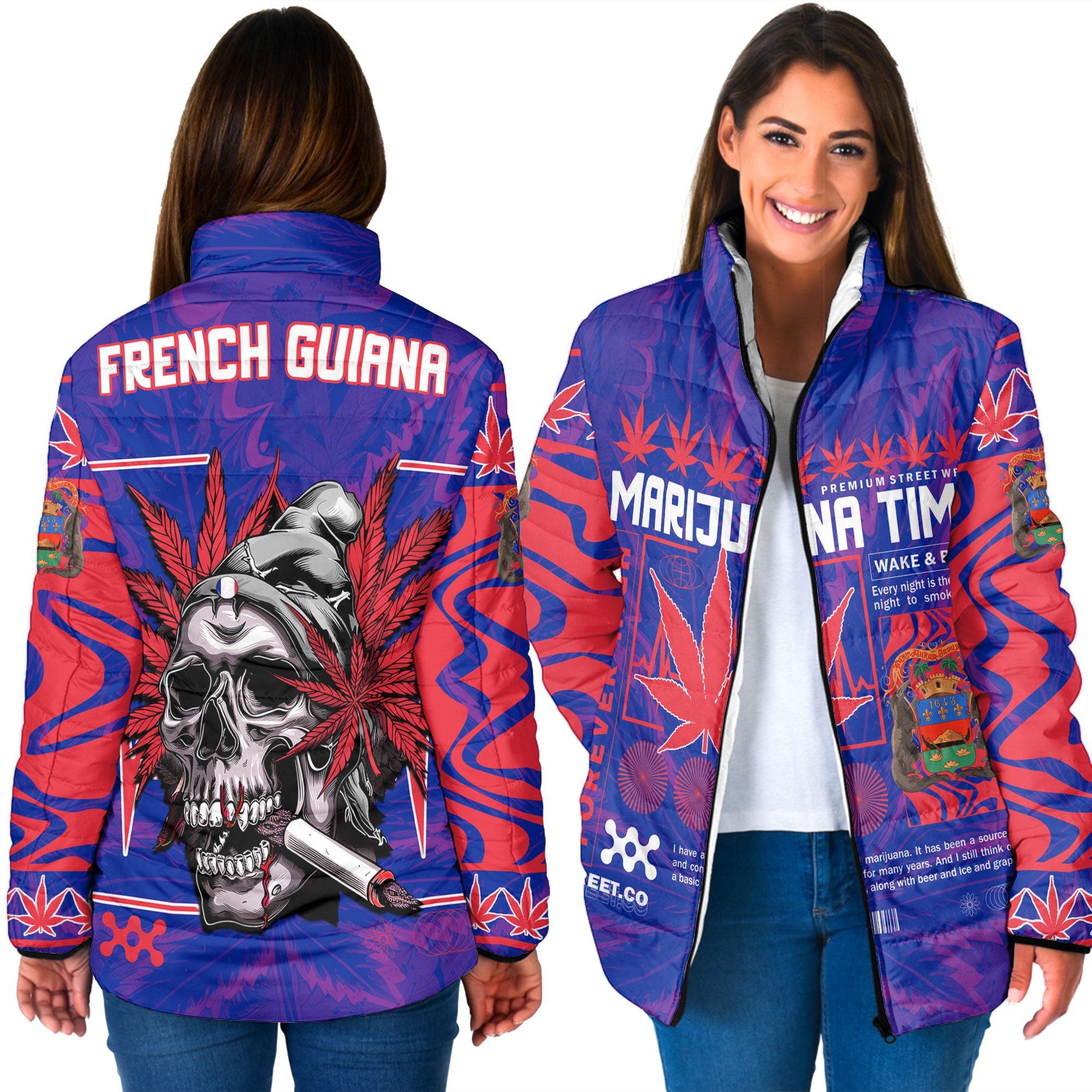 French Guiana Women Padded Jacket Flag & Coat Of Arms Marijuanas Style