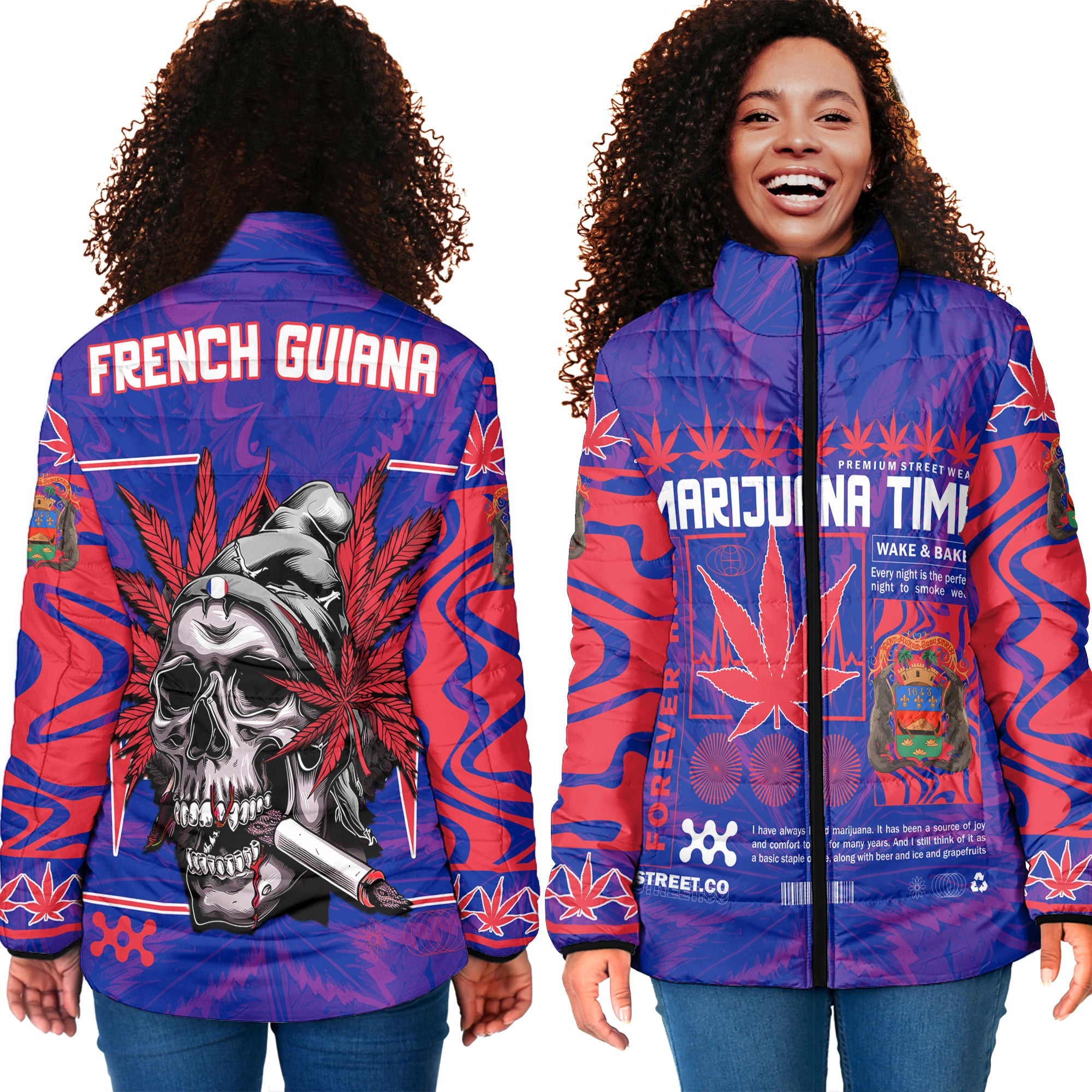 French Guiana Women Padded Jacket Flag & Coat Of Arms Marijuanas Style