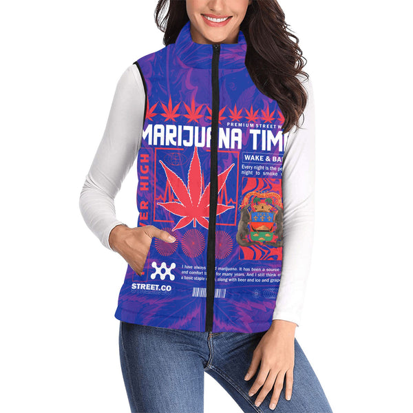 French Guiana Women Padded Jacket Vest Flag & Coat Of Arms Marijuanas Style