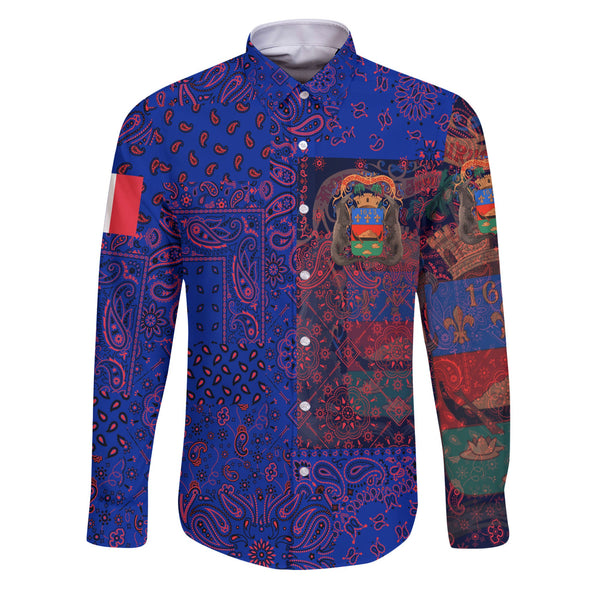 French Guiana Long Sleeve Button Shirt Paisley Flag And Skull Style 1