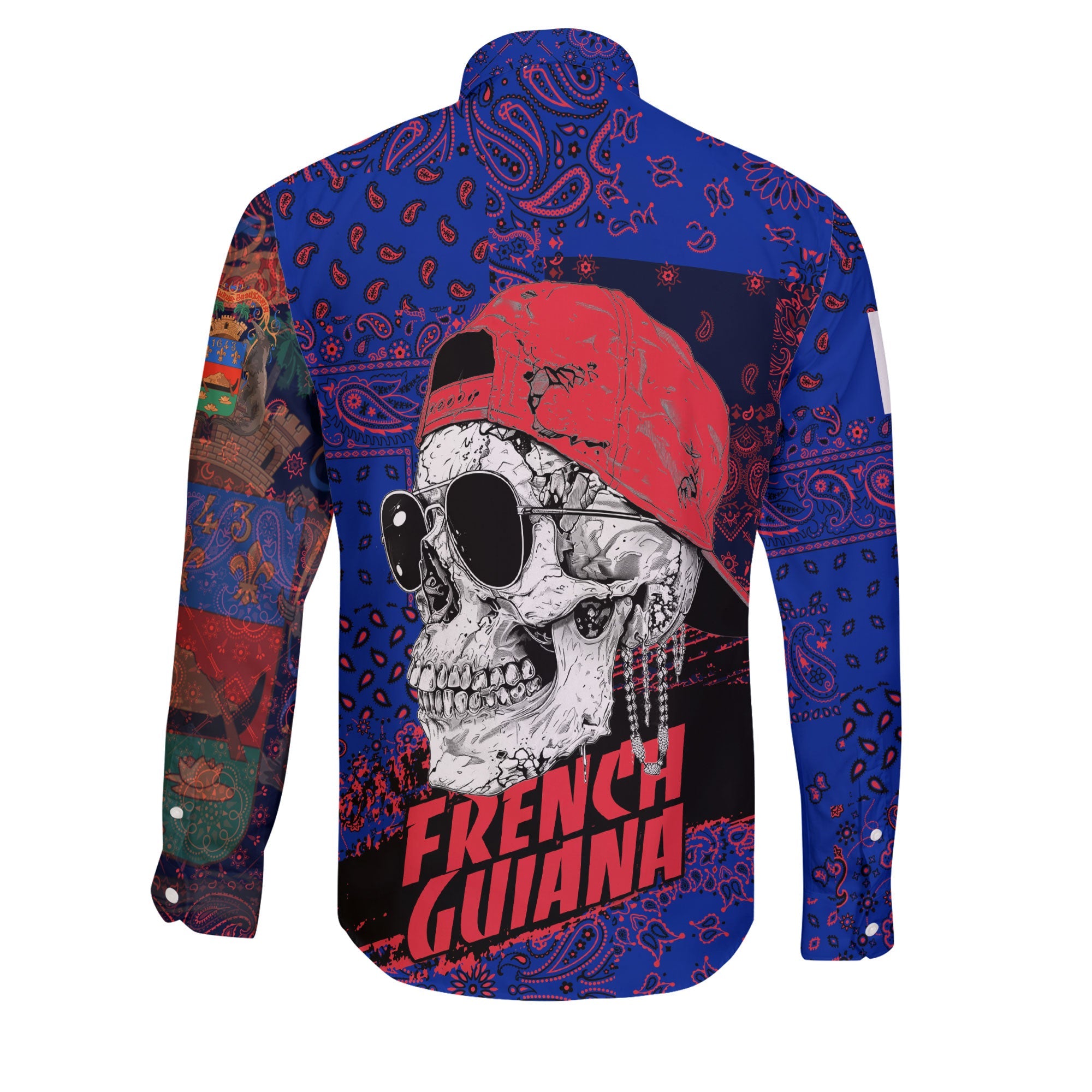 French Guiana Long Sleeve Button Shirt Paisley Flag And Skull Style 2