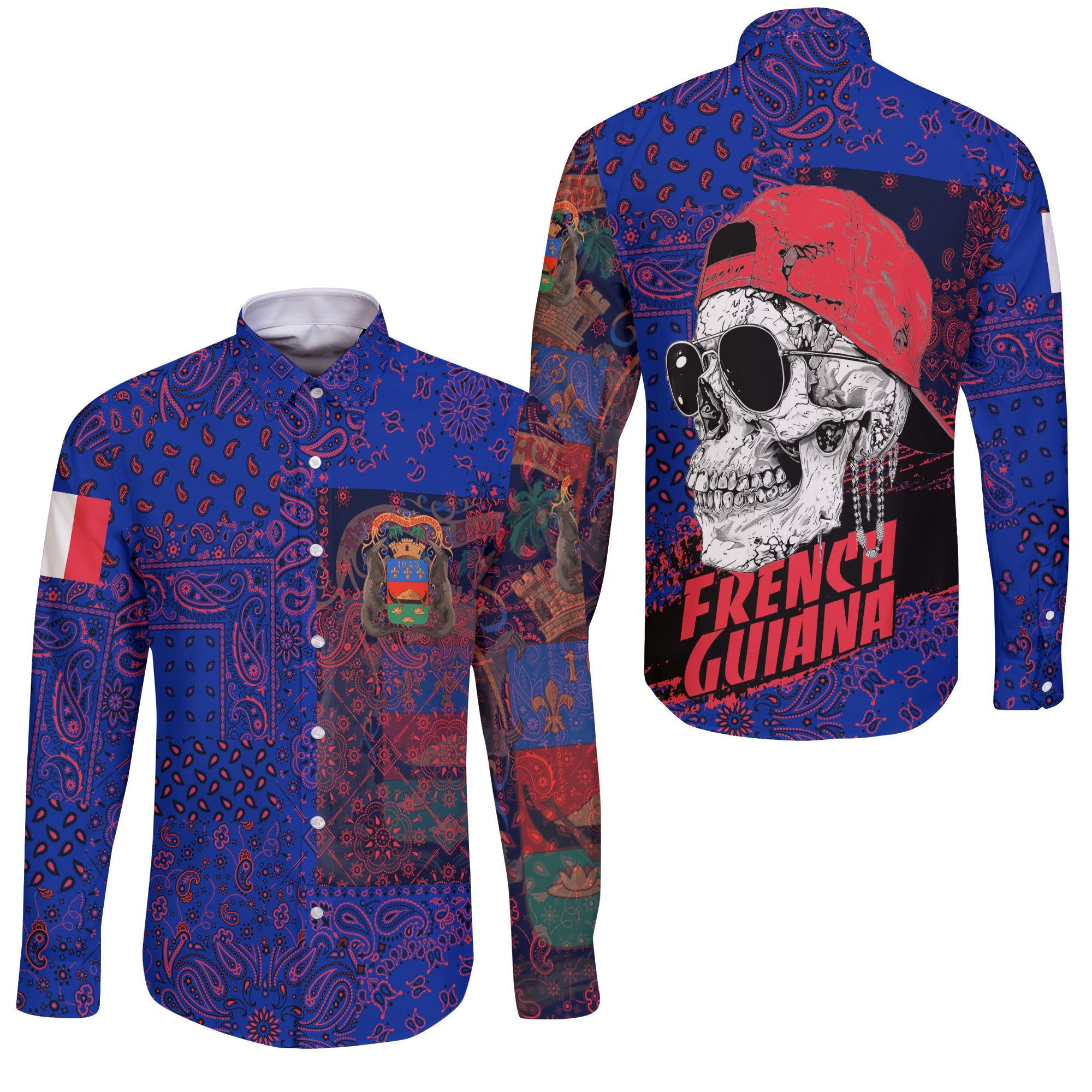 French Guiana Long Sleeve Button Shirt Paisley Flag And Skull Style 3