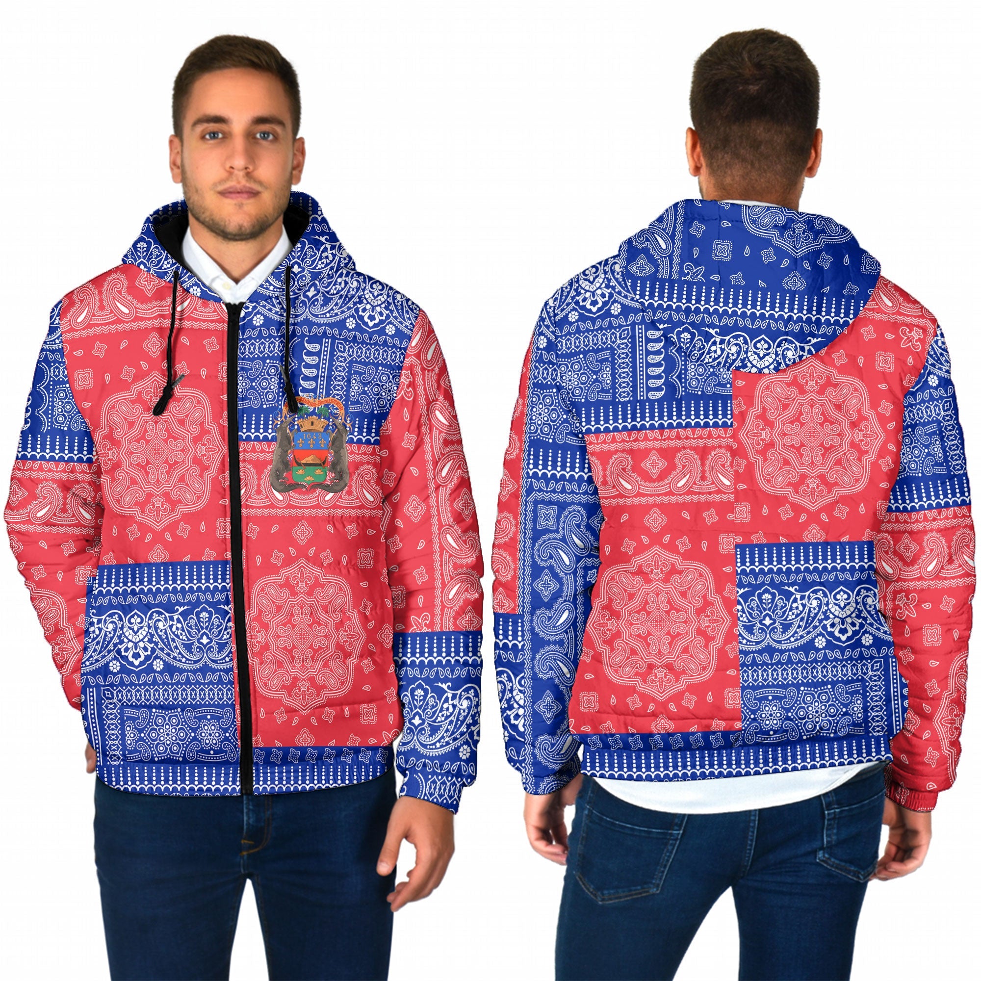 French Guiana Men Hooded Padded Jacket Flag And Paisley Basic Style 1