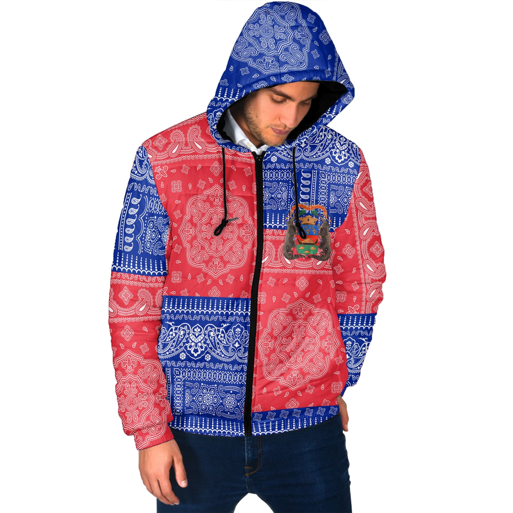 French Guiana Men Hooded Padded Jacket Flag And Paisley Basic Style 2