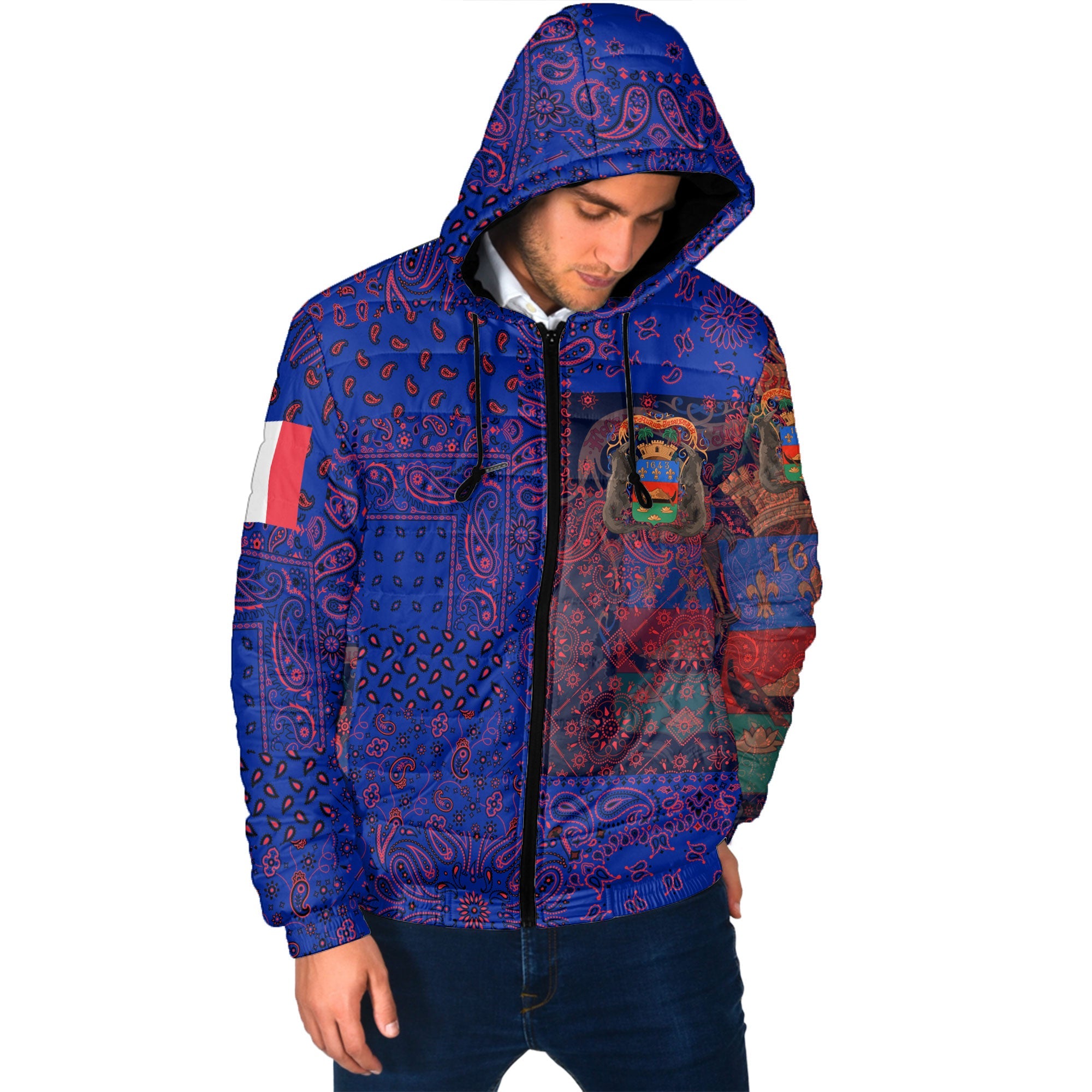 French Guiana Men Hooded Padded Jacket Paisley Flag And Skull Style 2