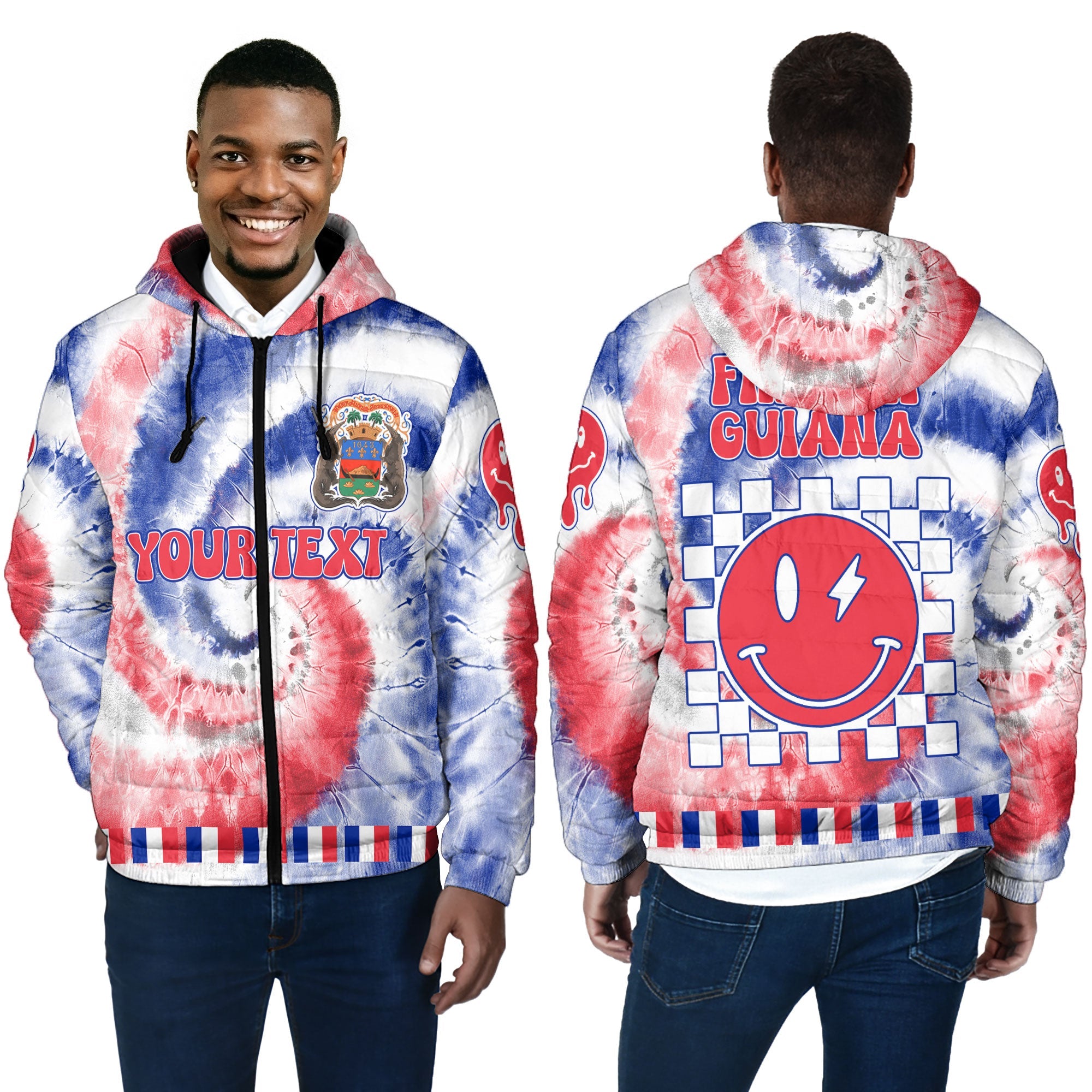 French Guiana Men Hooded Padded Jacket Custom Tie Dye Style 4