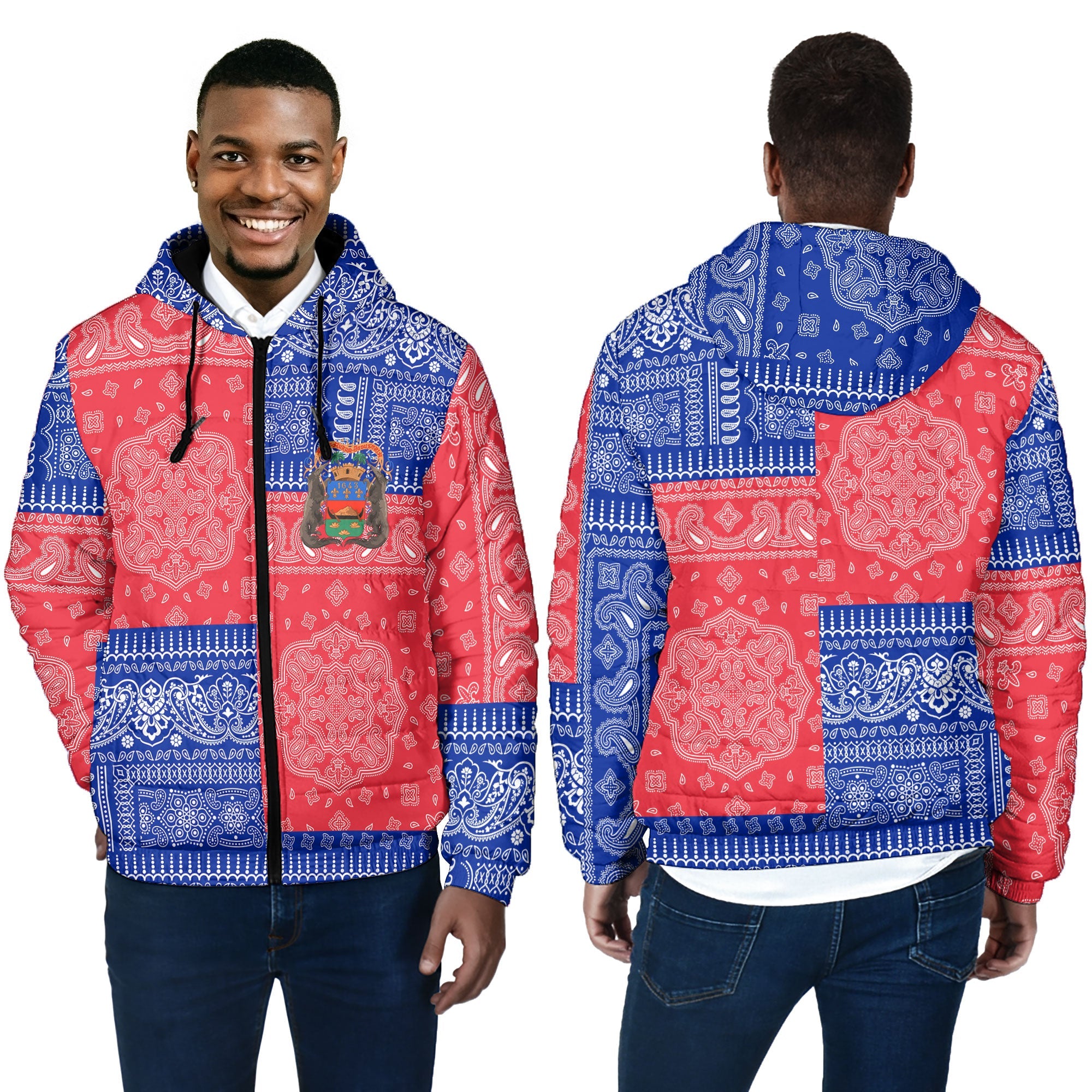 French Guiana Men Hooded Padded Jacket Flag And Paisley Basic Style 4