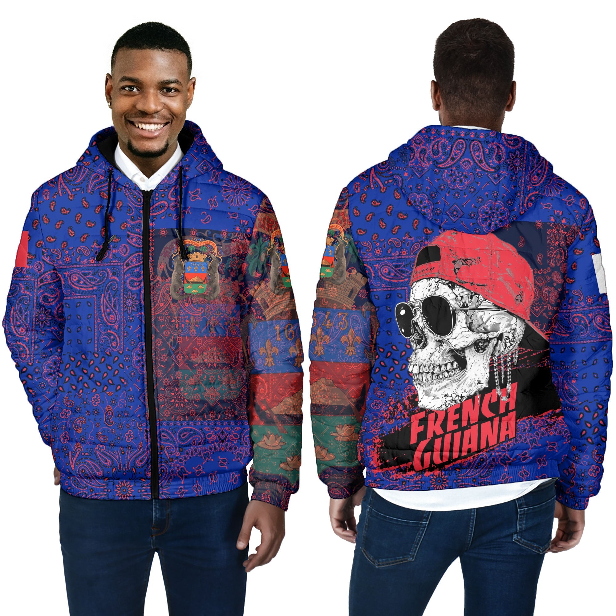 French Guiana Men Hooded Padded Jacket Paisley Flag And Skull Style 4