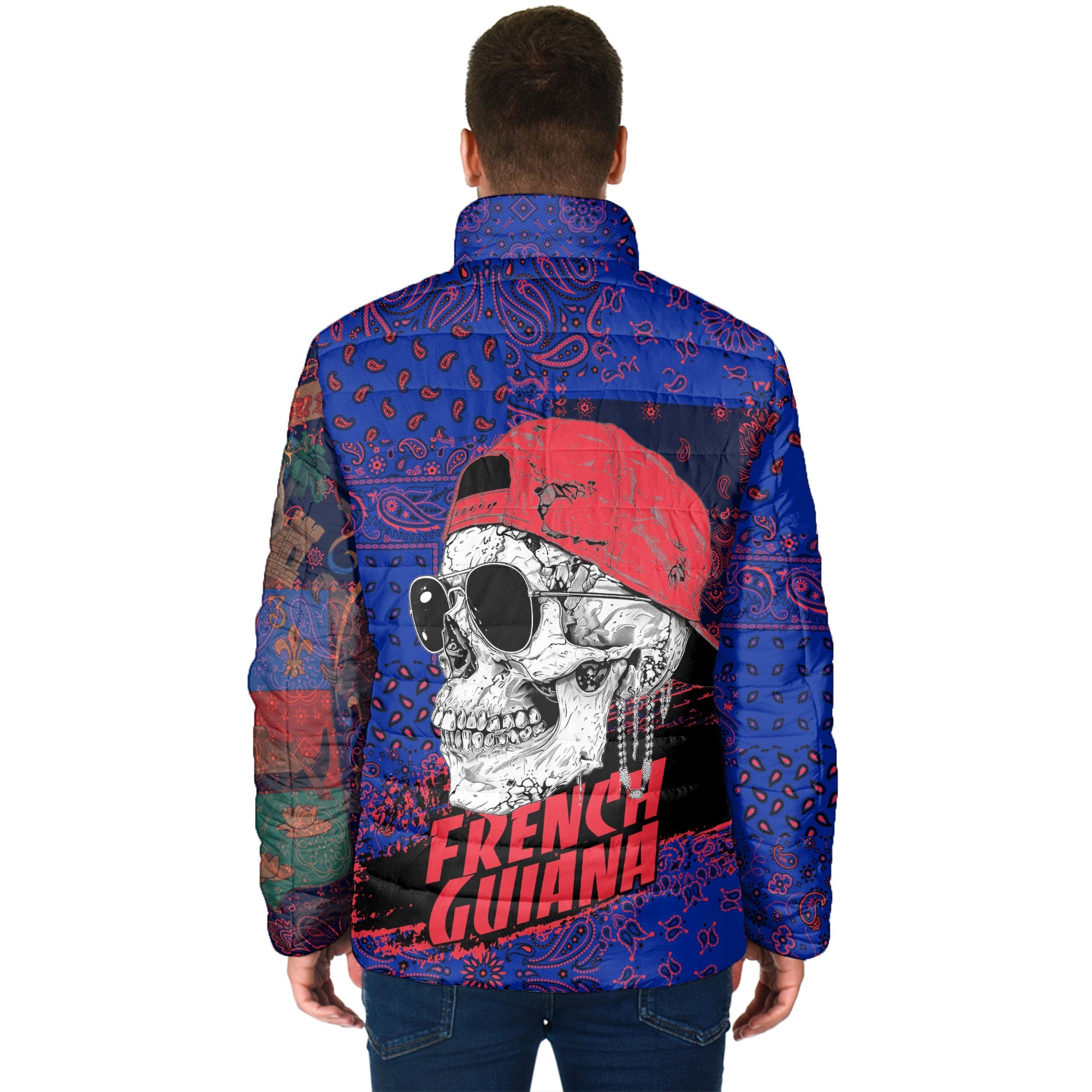 French Guiana Men Padded Jacket Paisley Flag And Skull Style 2