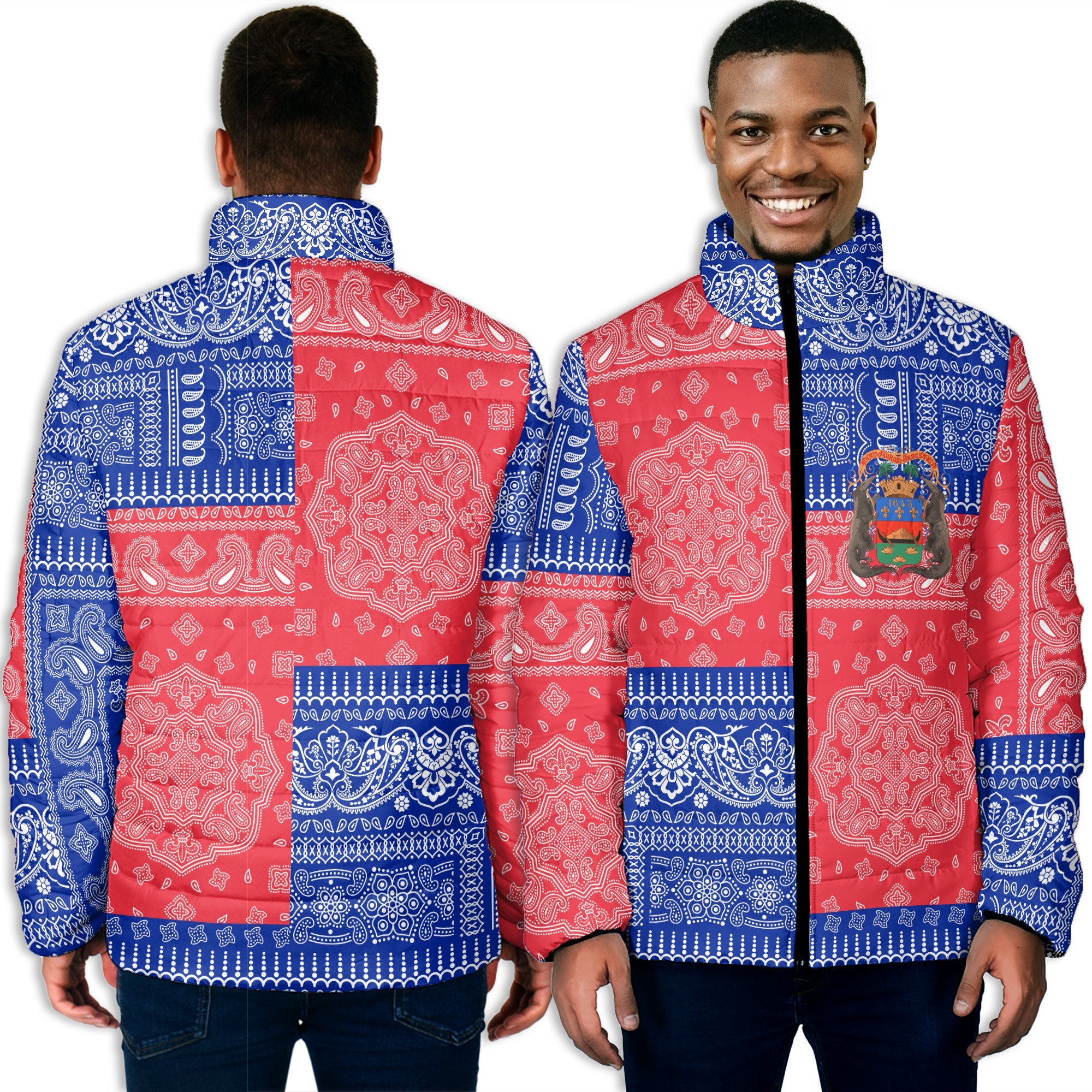 French Guiana Men Padded Jacket Flag And Paisley Basic Style 3