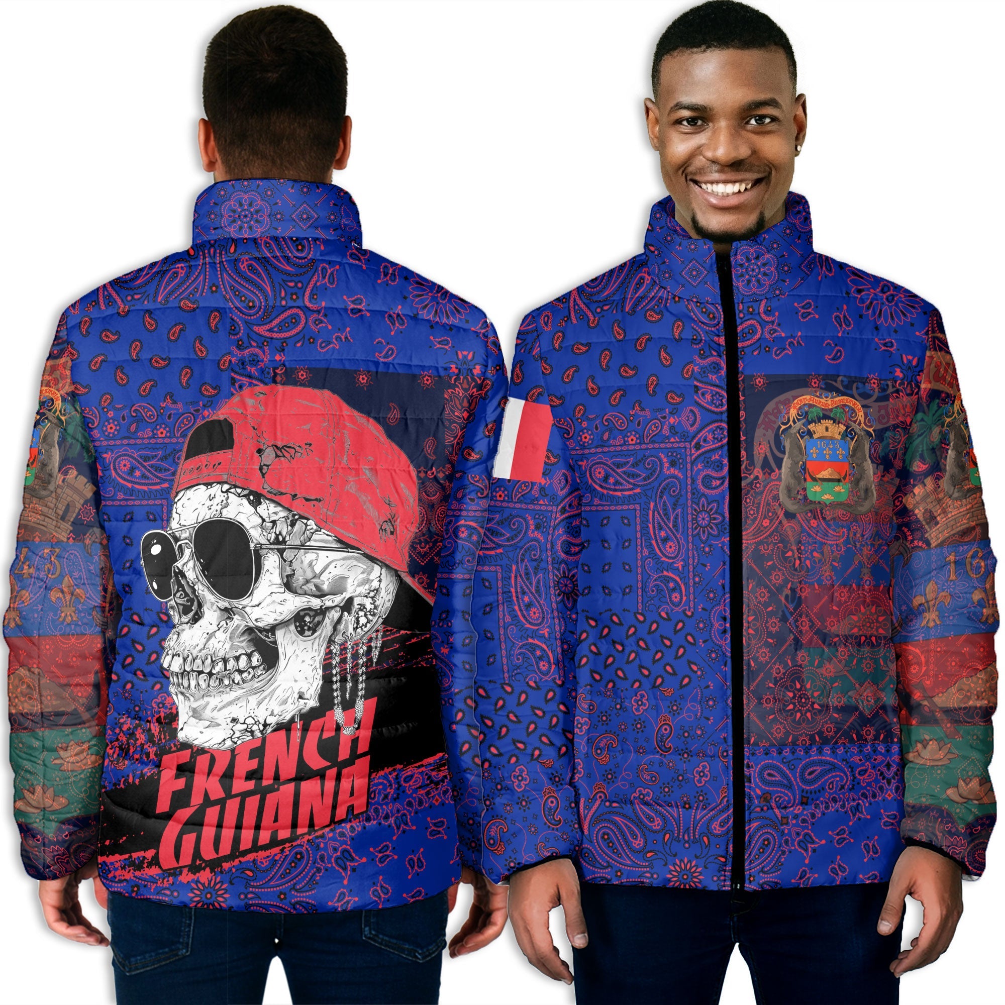 French Guiana Men Padded Jacket Paisley Flag And Skull Style 3