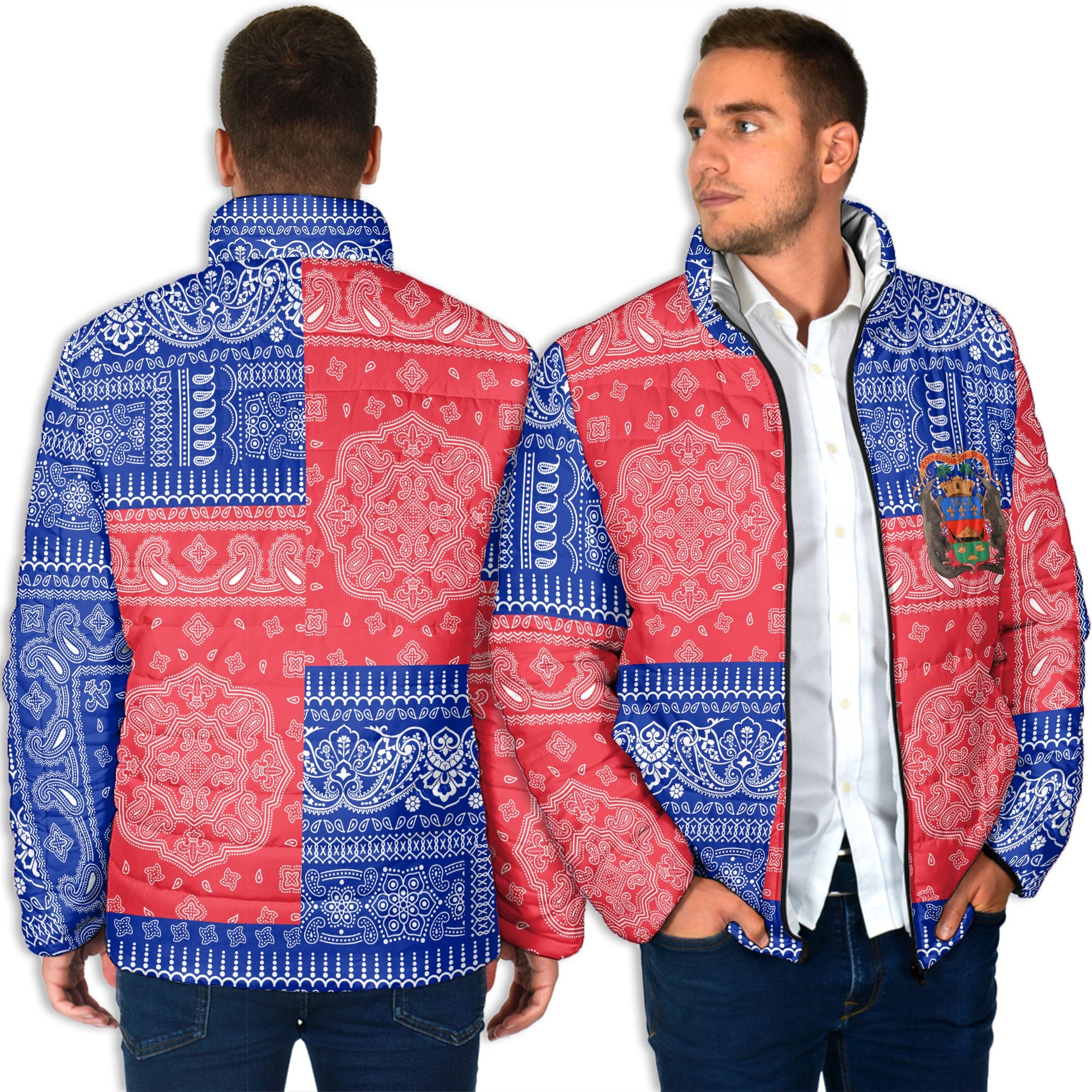 French Guiana Men Padded Jacket Flag And Paisley Basic Style 4