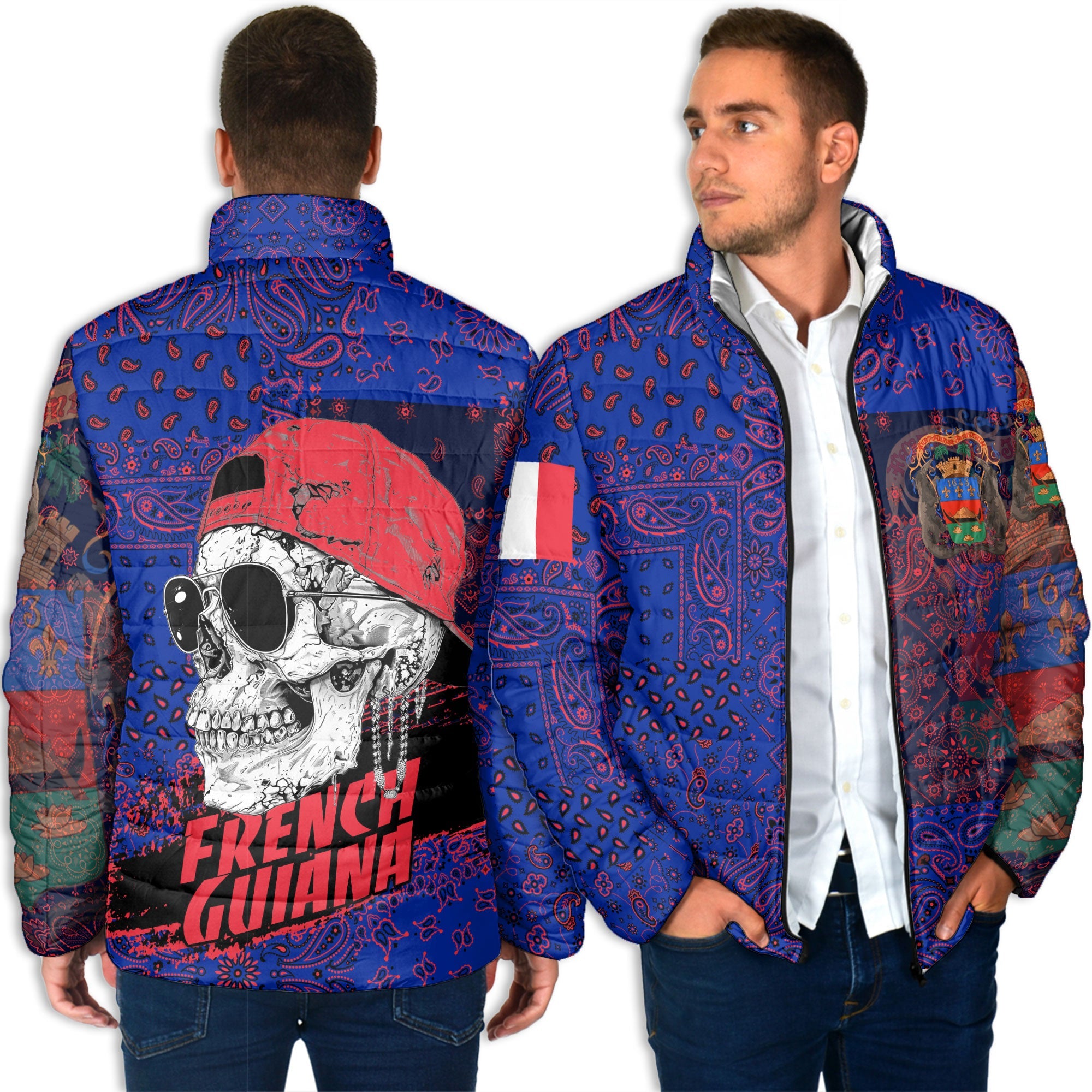 French Guiana Men Padded Jacket Paisley Flag And Skull Style 4