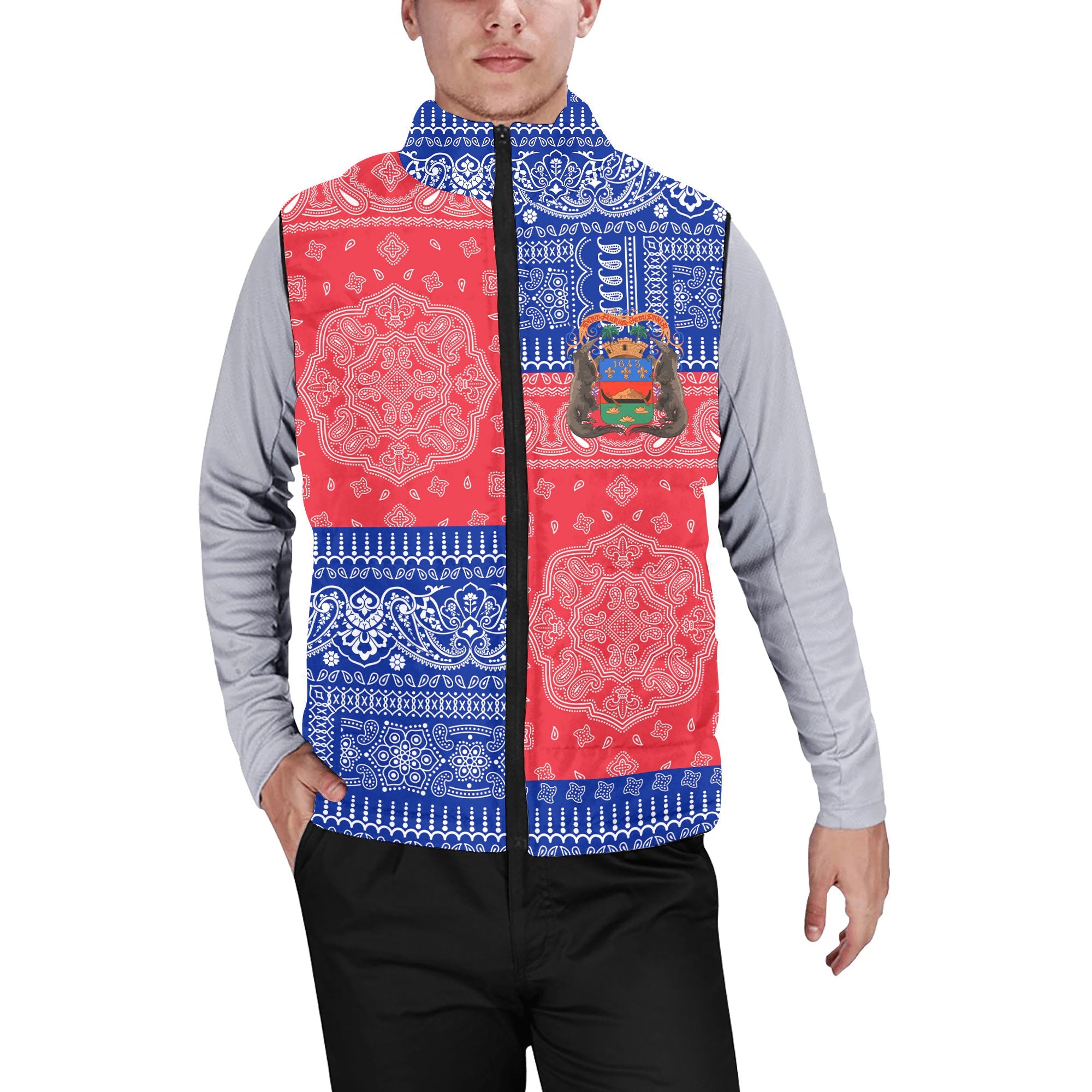 French Guiana Men Padded Jacket Vest Flag And Paisley Basic Style 1