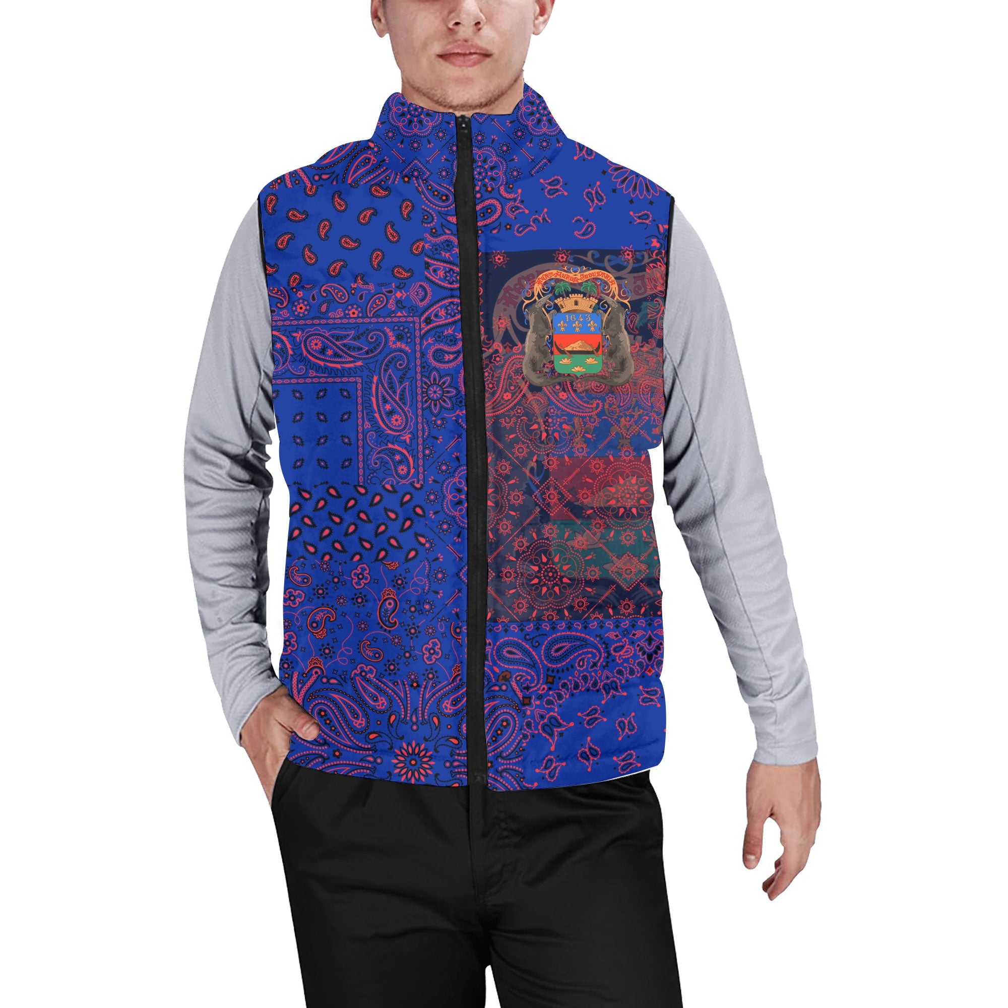 French Guiana Men Padded Jacket Vest Paisley Flag And Skull Style 1