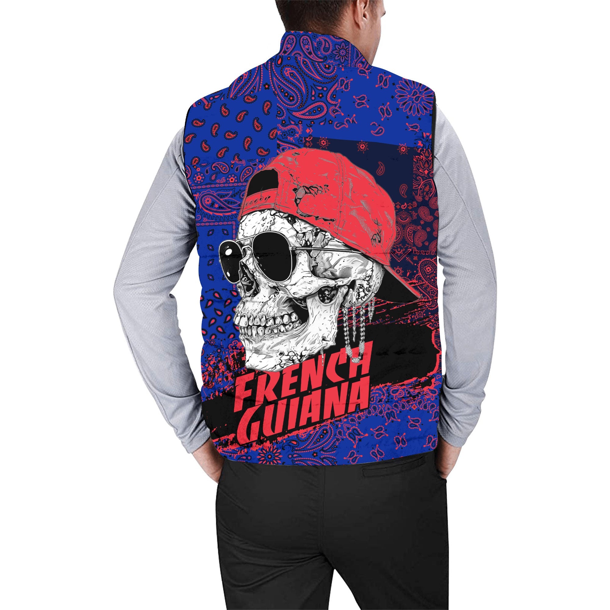 French Guiana Men Padded Jacket Vest Paisley Flag And Skull Style 2