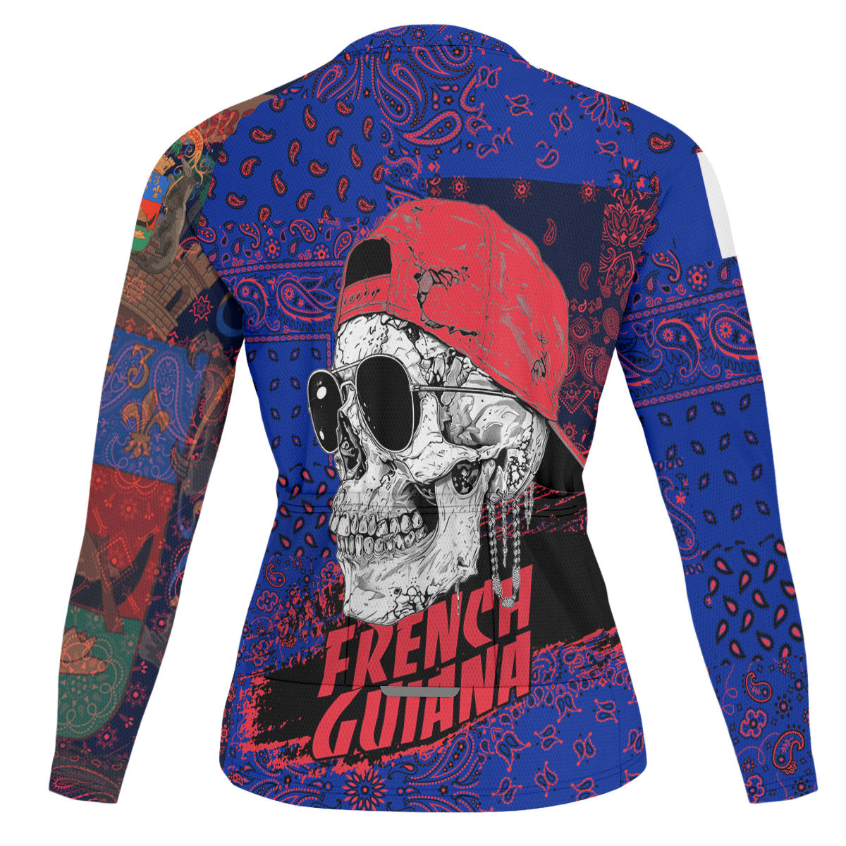 French Guiana Raglan Men Cycling Jersey Long Sleeve Paisley Flag And Skull Style 2