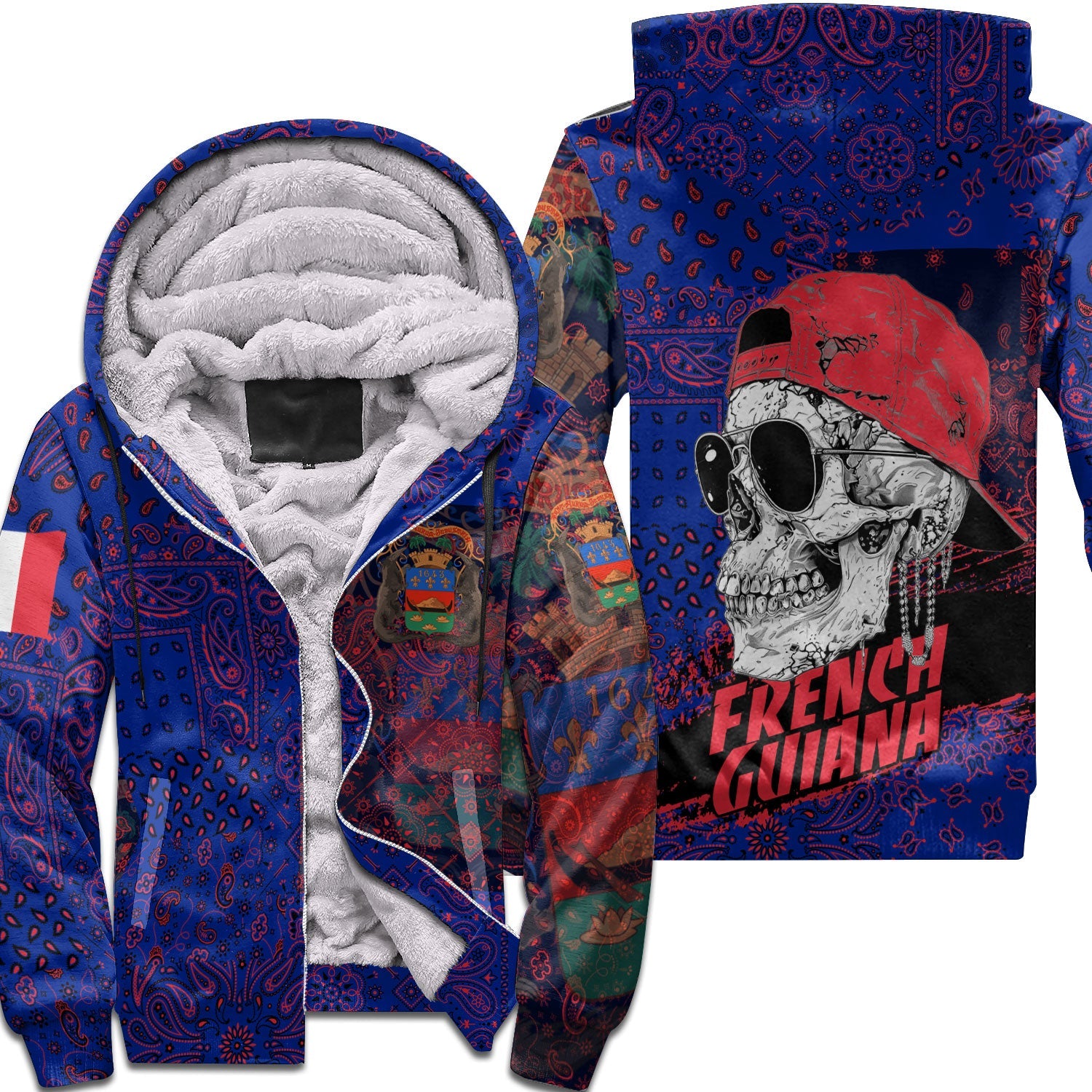 French Guiana Sherpa Hoodie Paisley Flag And Skull Style 1