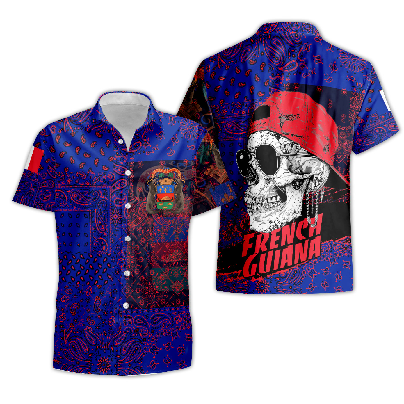 French Guiana Short Sleeve Shirt Paisley Flag And Skull Style 3