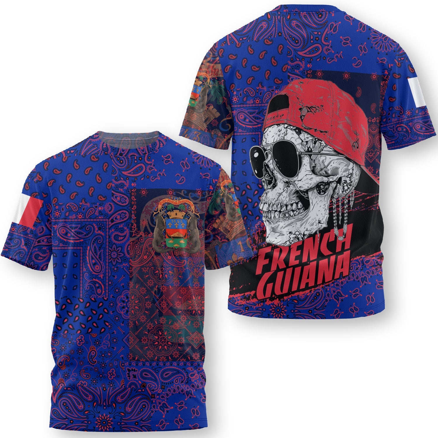 French Guiana T Shirt Paisley Flag And Skull Style 3