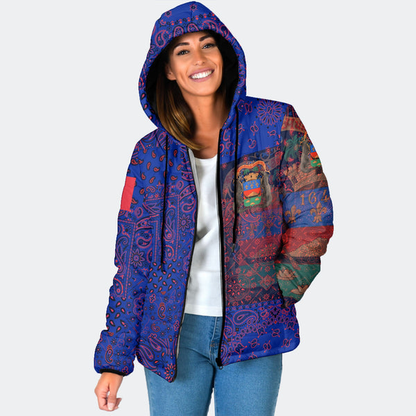 French Guiana Women Hooded Padded Jacket Paisley Flag And Skull Style 1