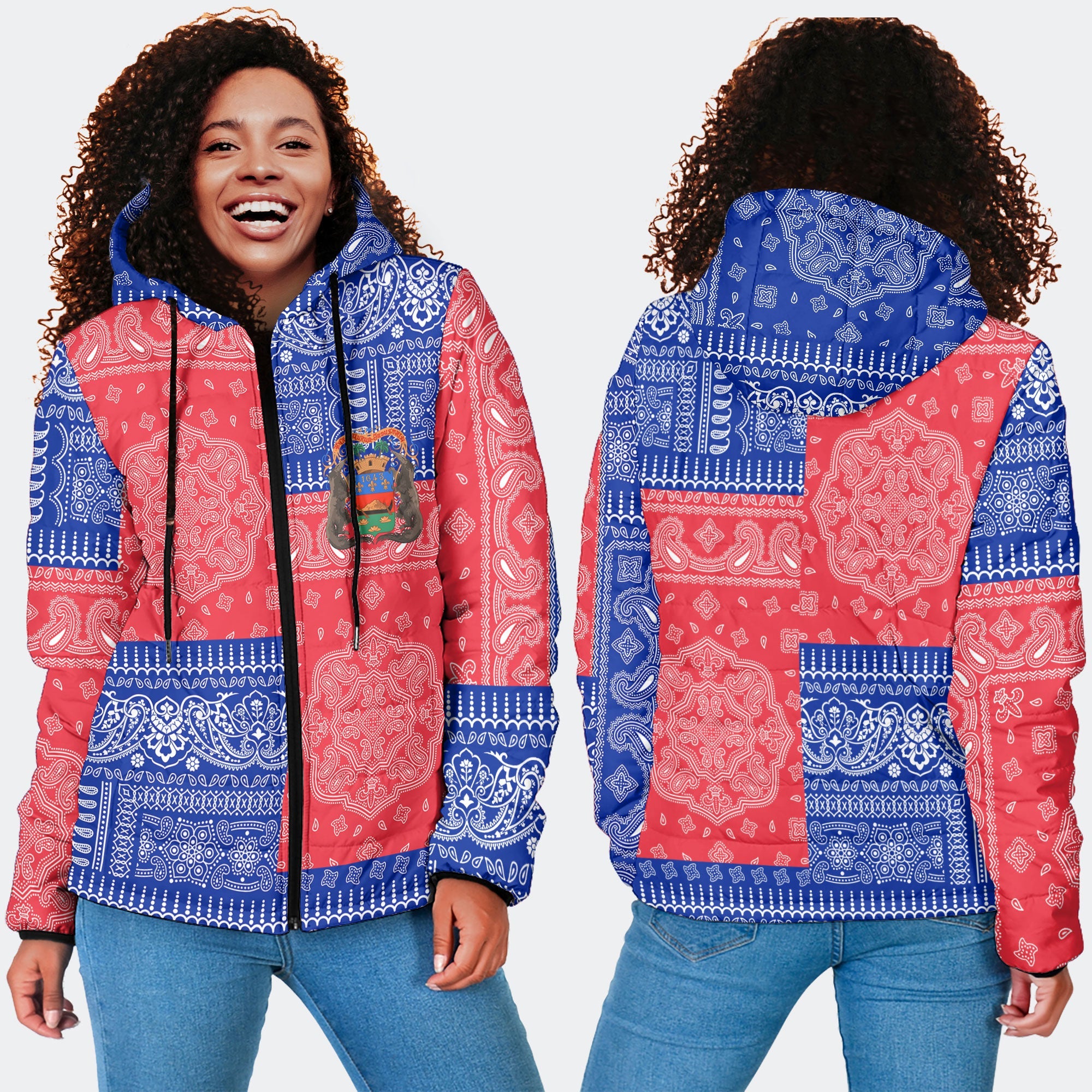 French Guiana Women Hooded Padded Jacket Flag And Paisley Basic Style 4