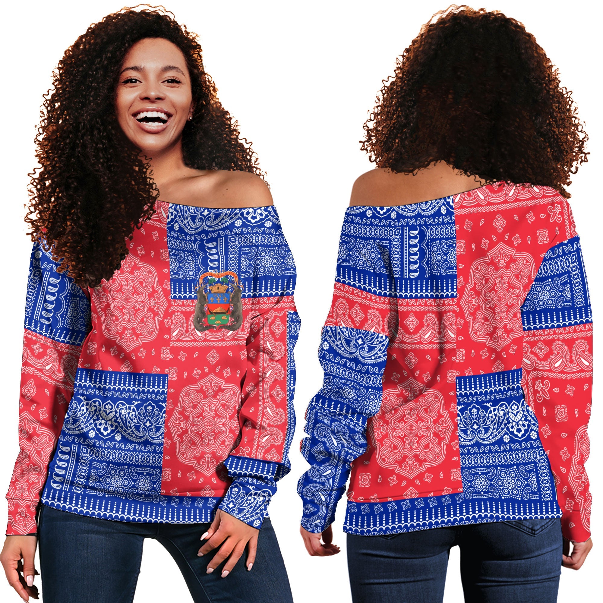 French Guiana Women Off Shoulder Sweatshirt Flag And Paisley Basic Style 1