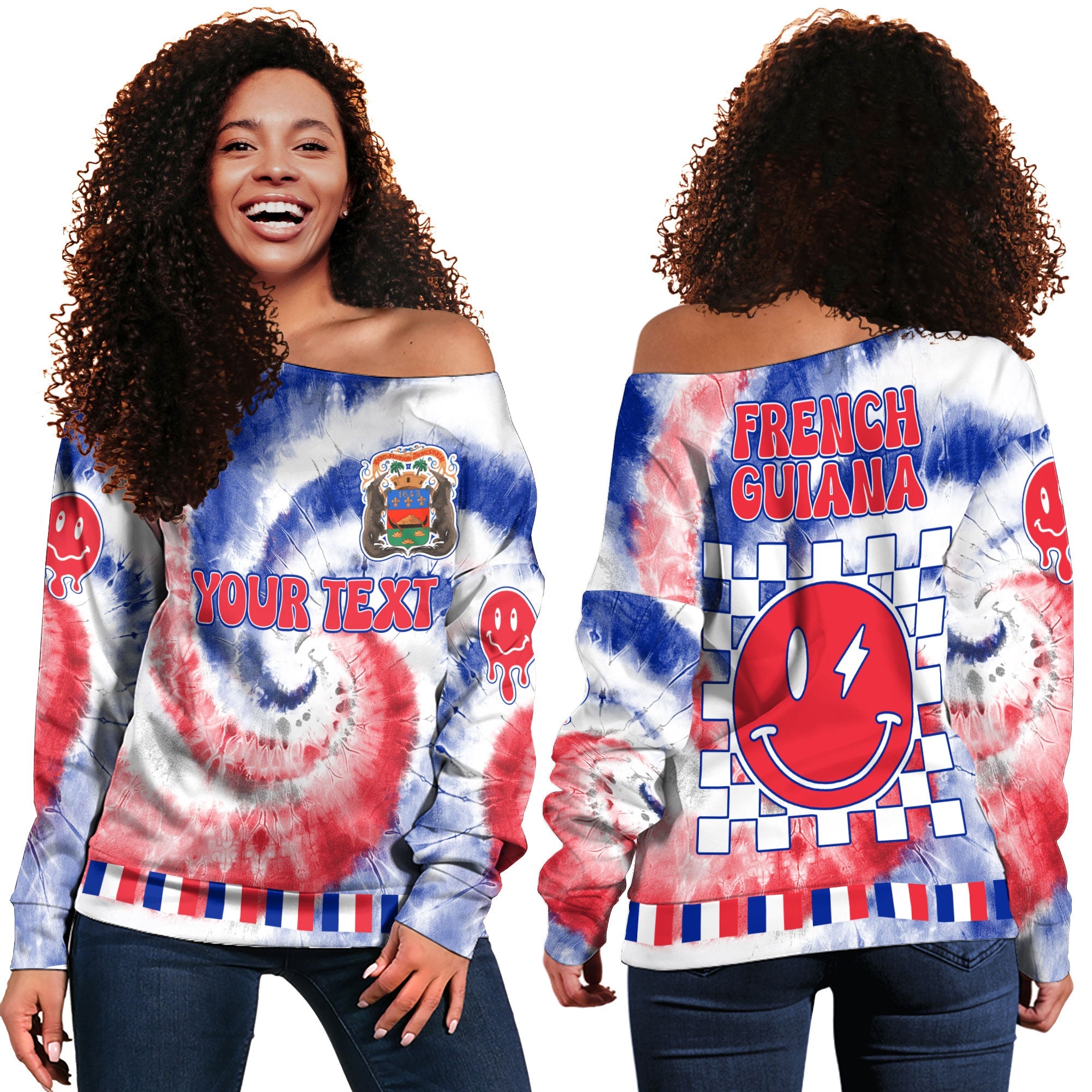 French Guiana Women Off Shoulder Sweatshirt Custom Tie Dye Style 2