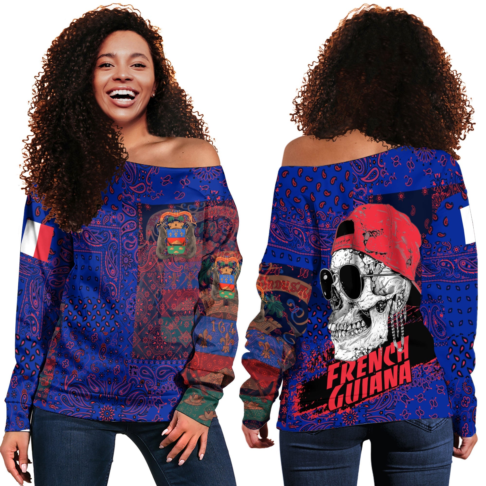 French Guiana Women Off Shoulder Sweatshirt Paisley Flag And Skull Style 1