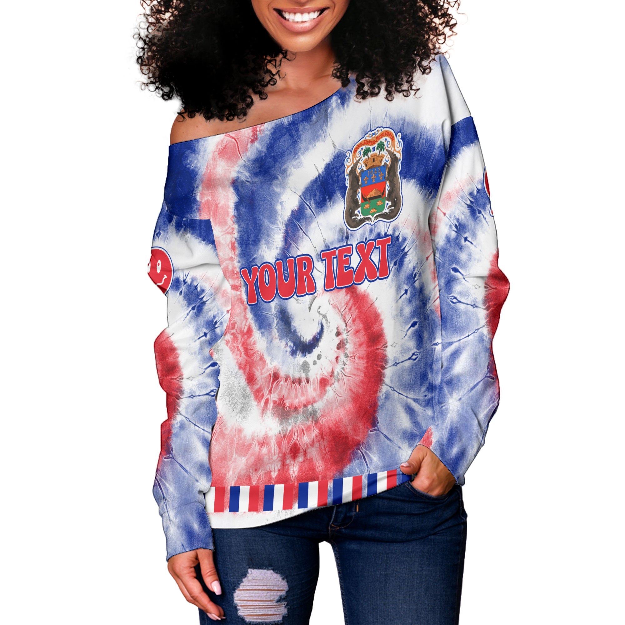 French Guiana Women Off Shoulder Sweatshirt Custom Tie Dye Style 3