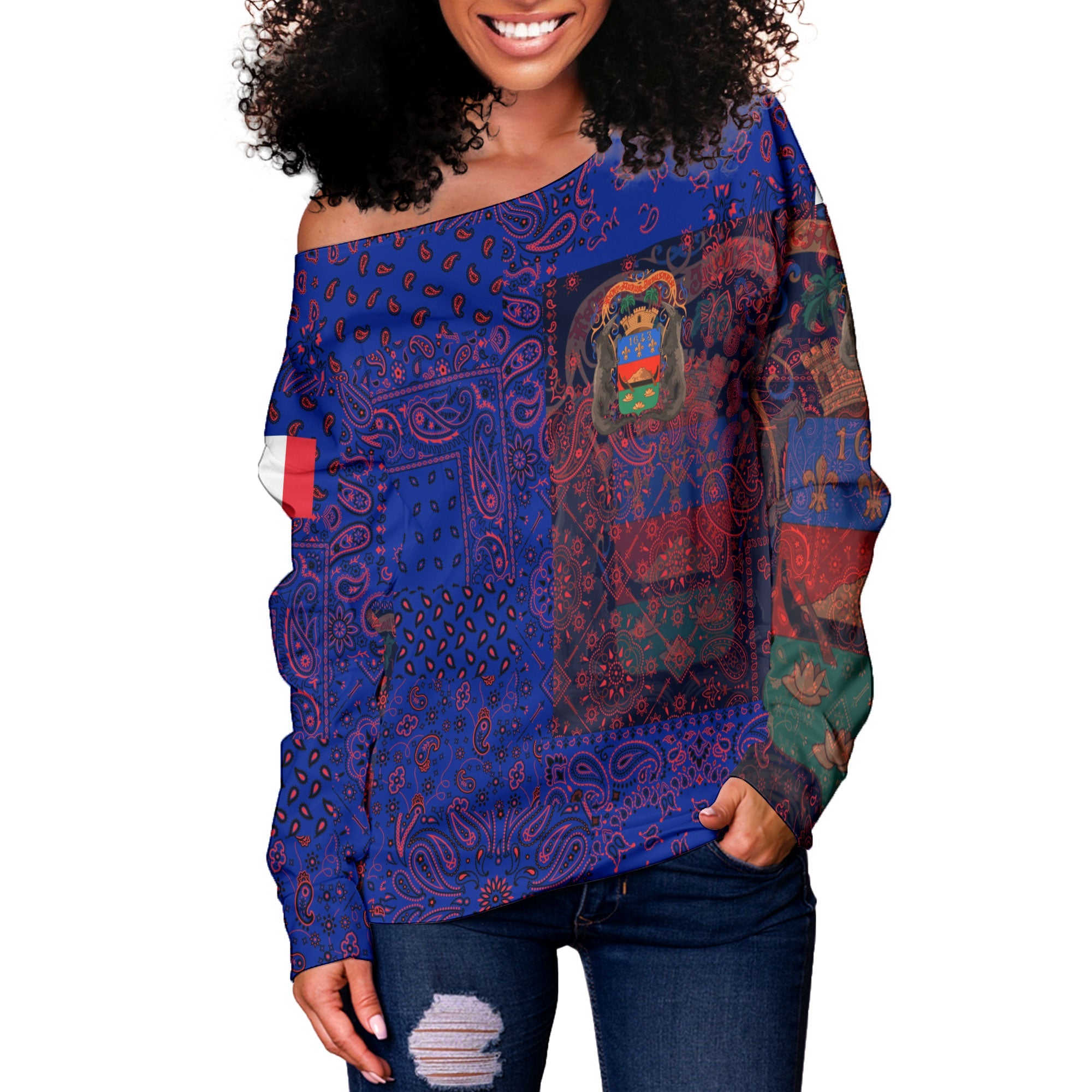 French Guiana Women Off Shoulder Sweatshirt Paisley Flag And Skull Style 2