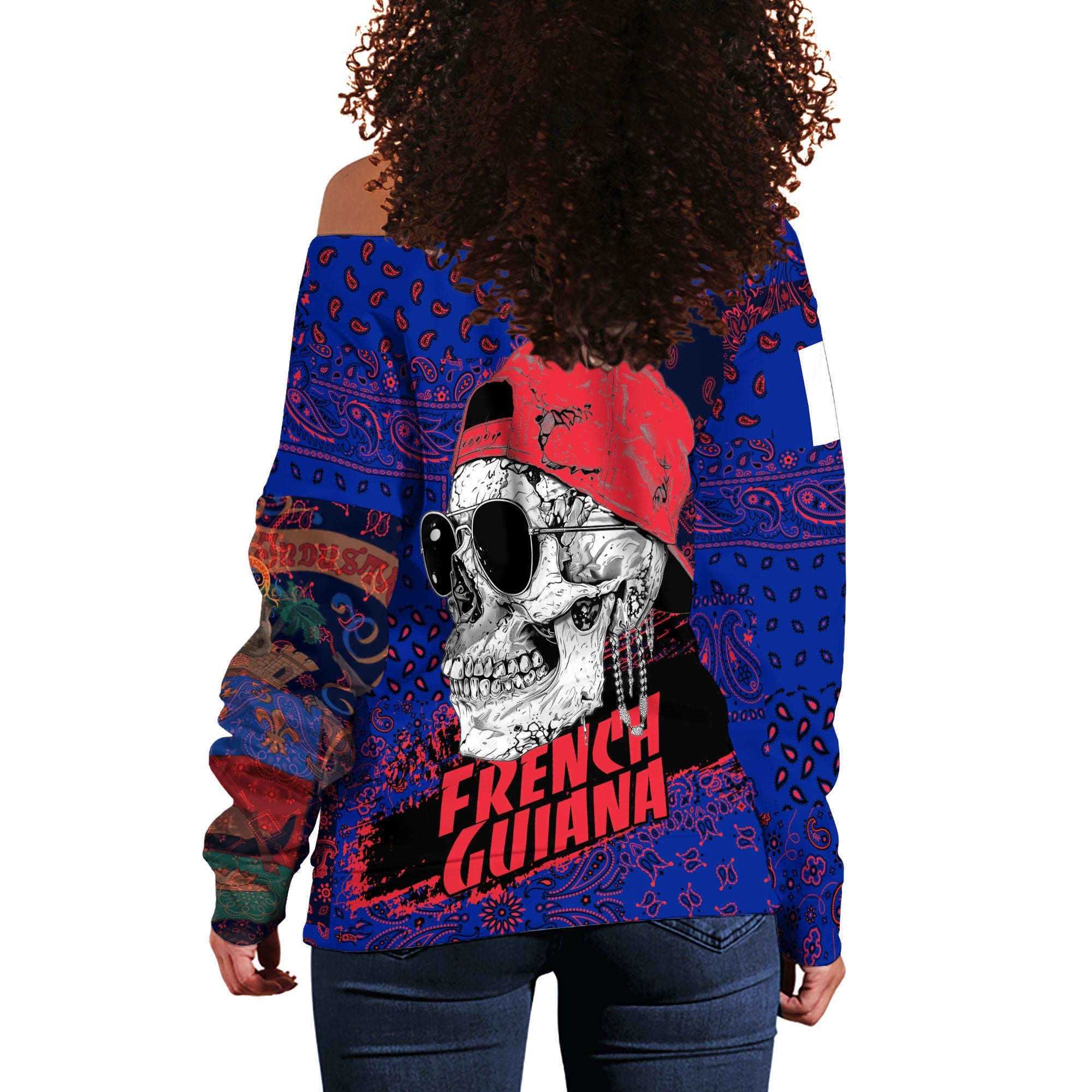 French Guiana Women Off Shoulder Sweatshirt Paisley Flag And Skull Style 3