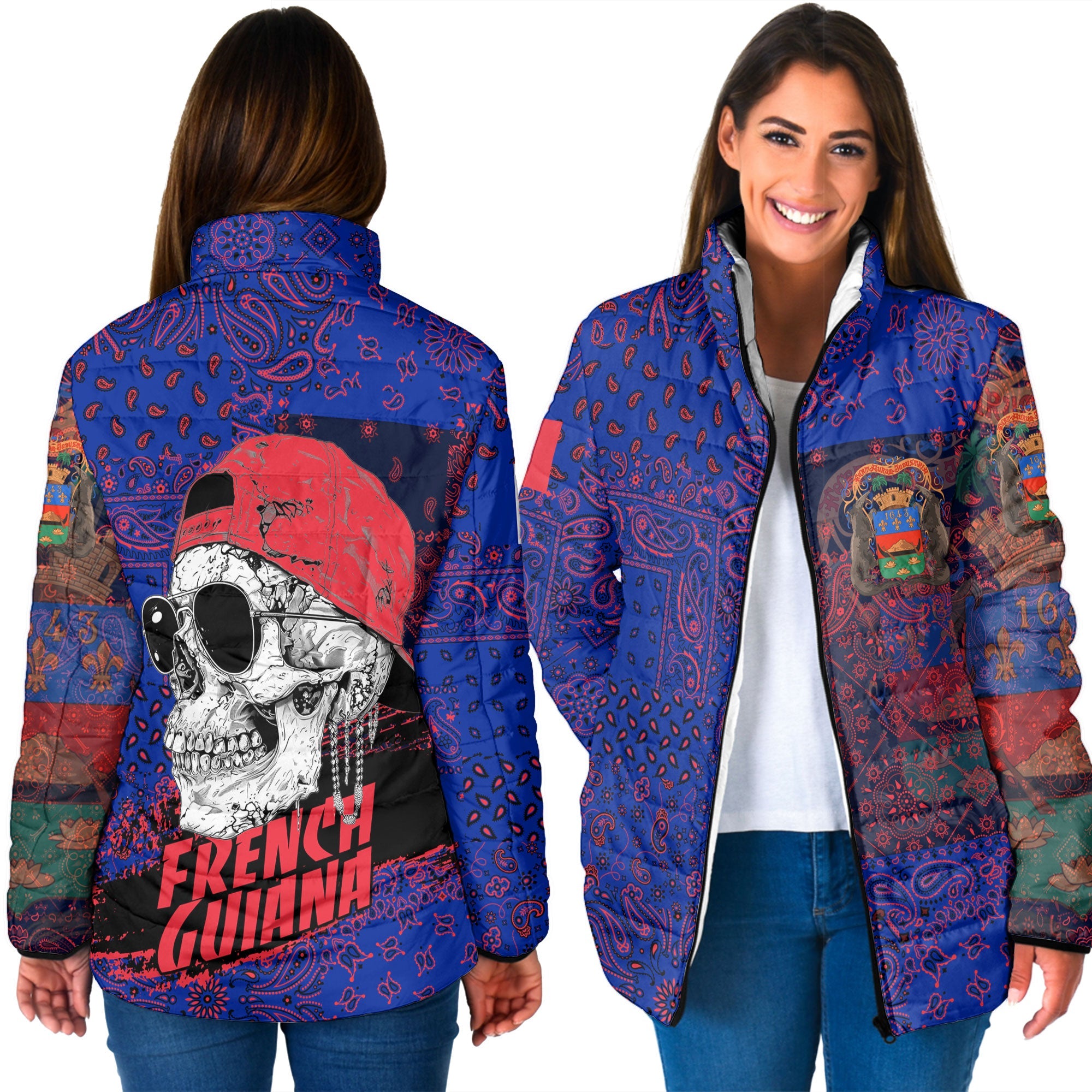 French Guiana Women Padded Jacket Paisley Flag And Skull Style 3