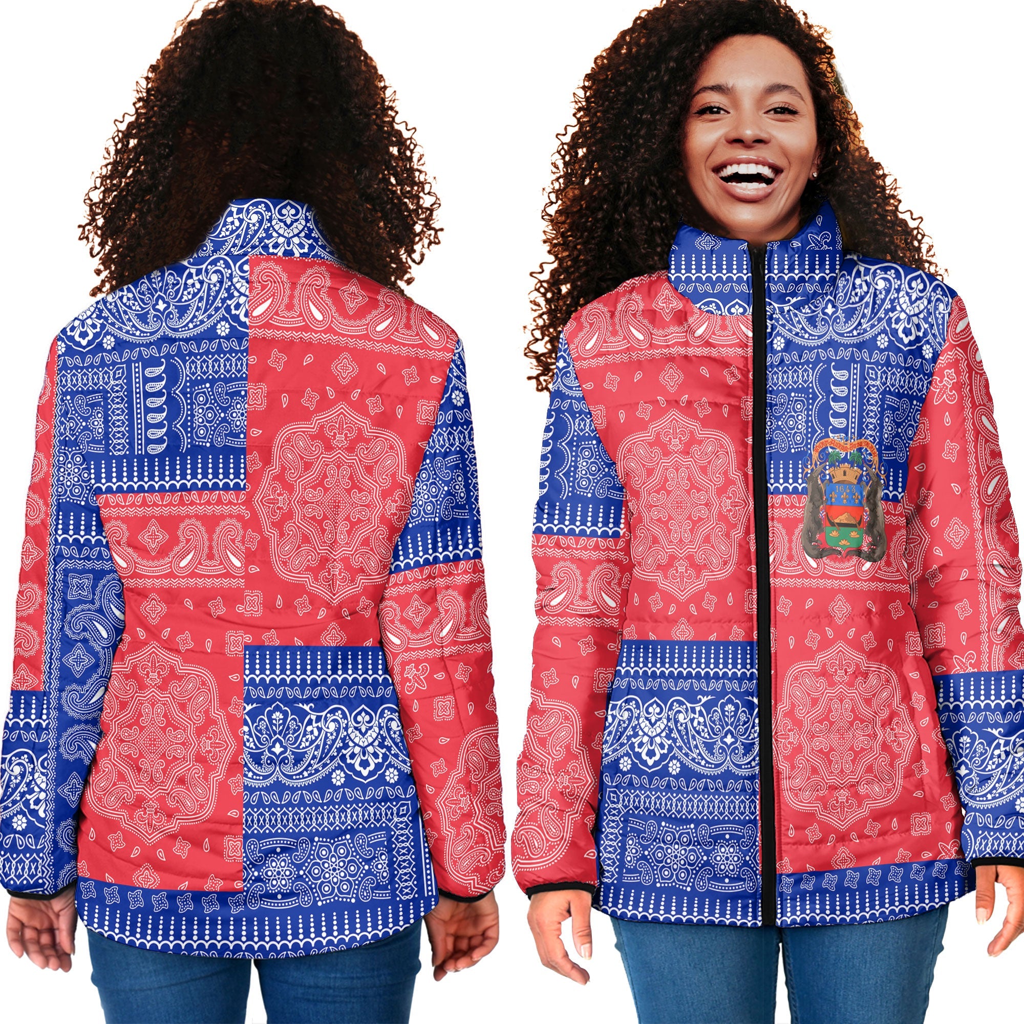 French Guiana Women Padded Jacket Flag And Paisley Basic Style 4