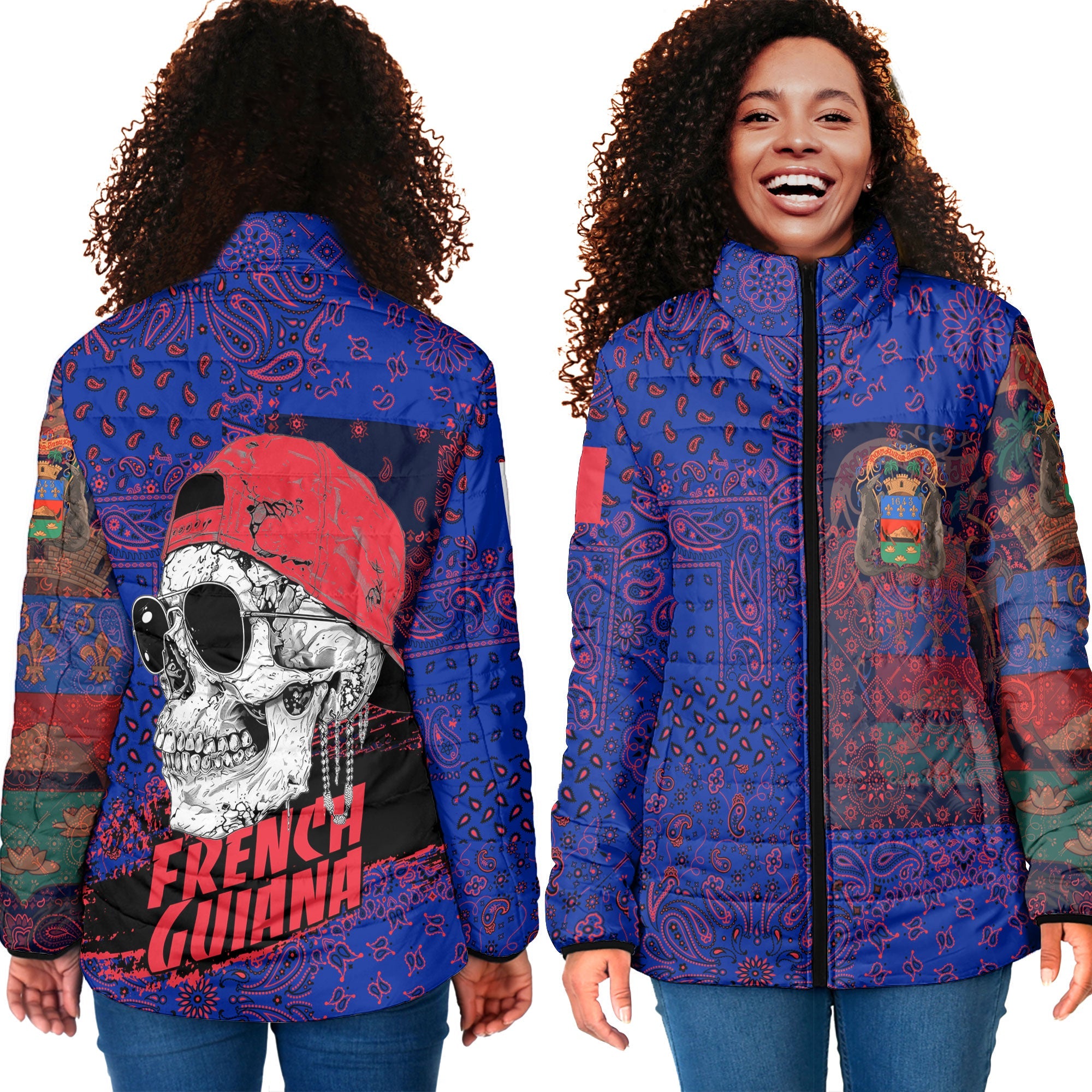 French Guiana Women Padded Jacket Paisley Flag And Skull Style 4