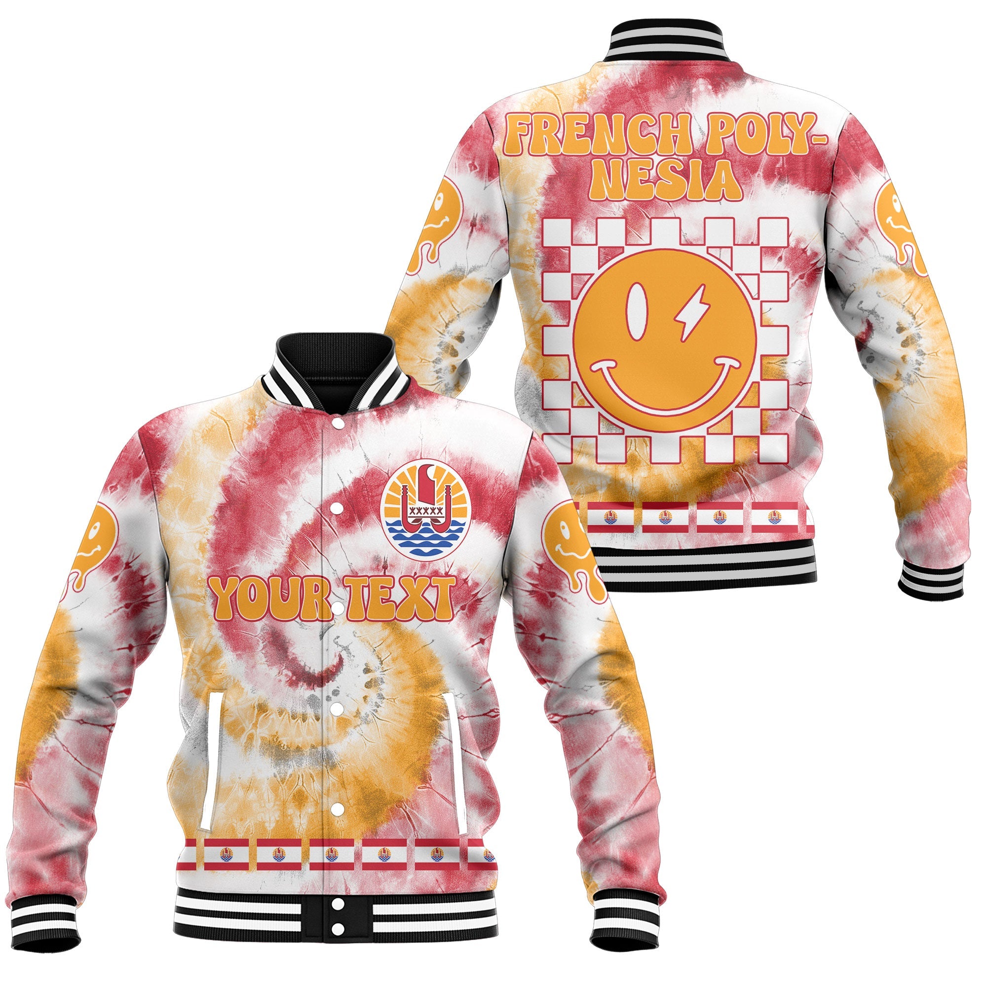 French Polynesia Baseball Jacket Custom Tie Dye Style 1