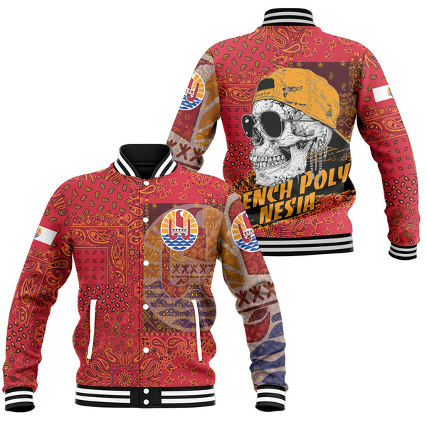 French Polynesia Baseball Jacket Paisley Flag And Skull Style 1