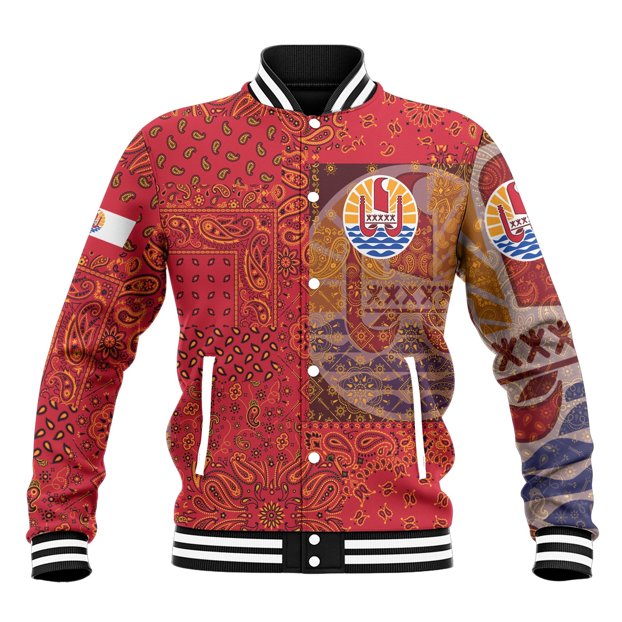 French Polynesia Baseball Jacket Paisley Flag And Skull Style 2