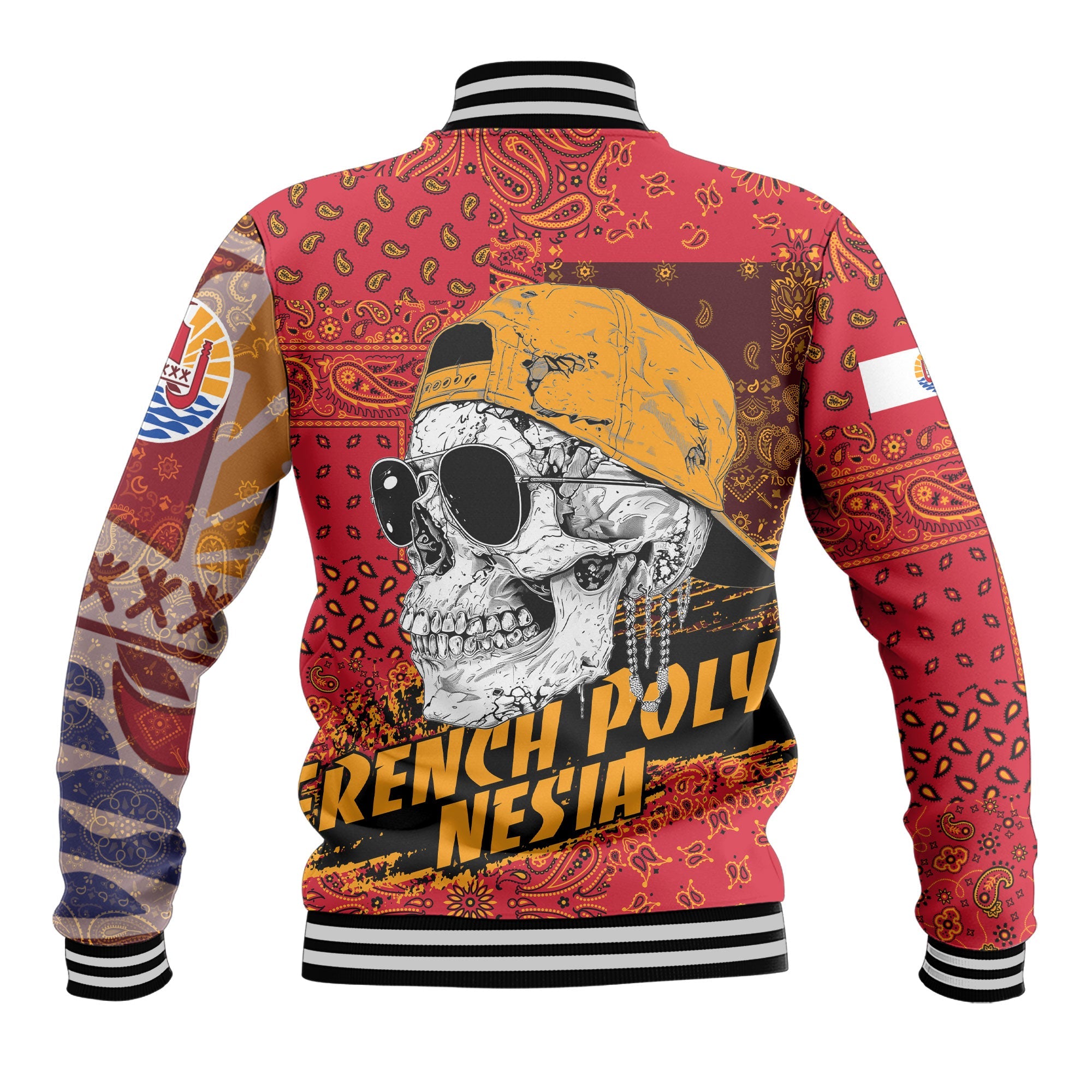 French Polynesia Baseball Jacket Paisley Flag And Skull Style 3